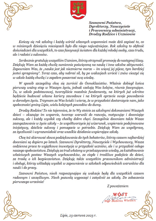 list wójta gminy lipie