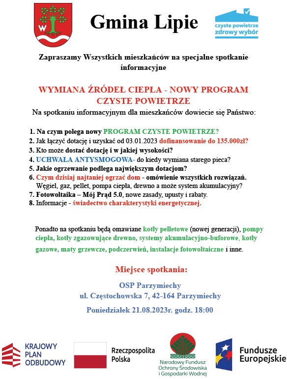 Plakat zaproszenie na spotkanie Wymiana ŹRÓDEŁ CIEPŁA - NOWY PROGRAM CZYSTE POWIETRZE
