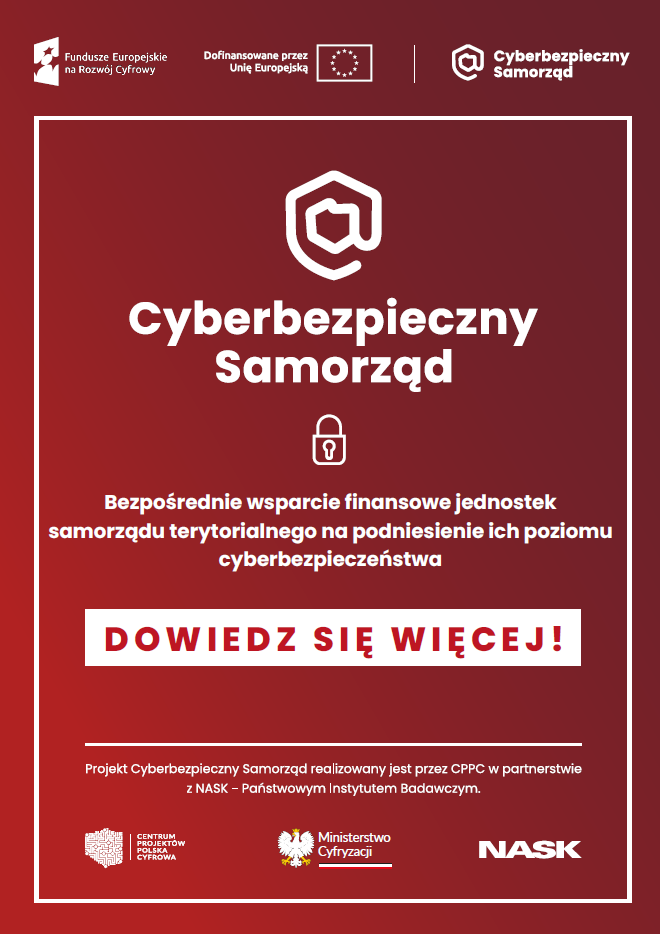 Czerwone tło z napisem Cyberbezpieczny Samorząd
