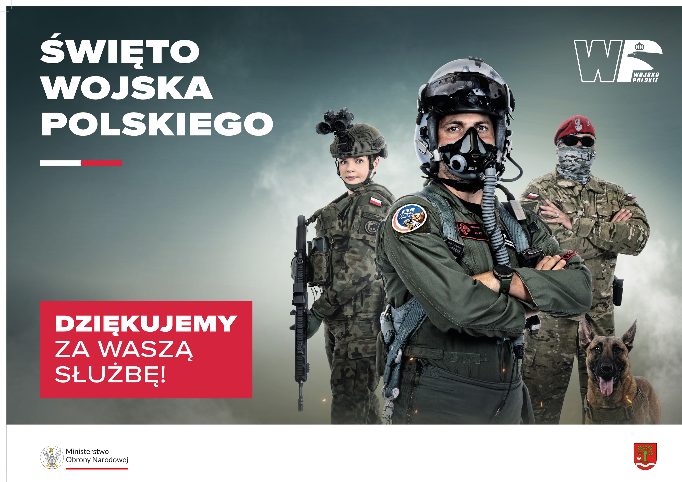 Plakat z pilotem i żołnierzami z okazji Święta Wojska Polskiego