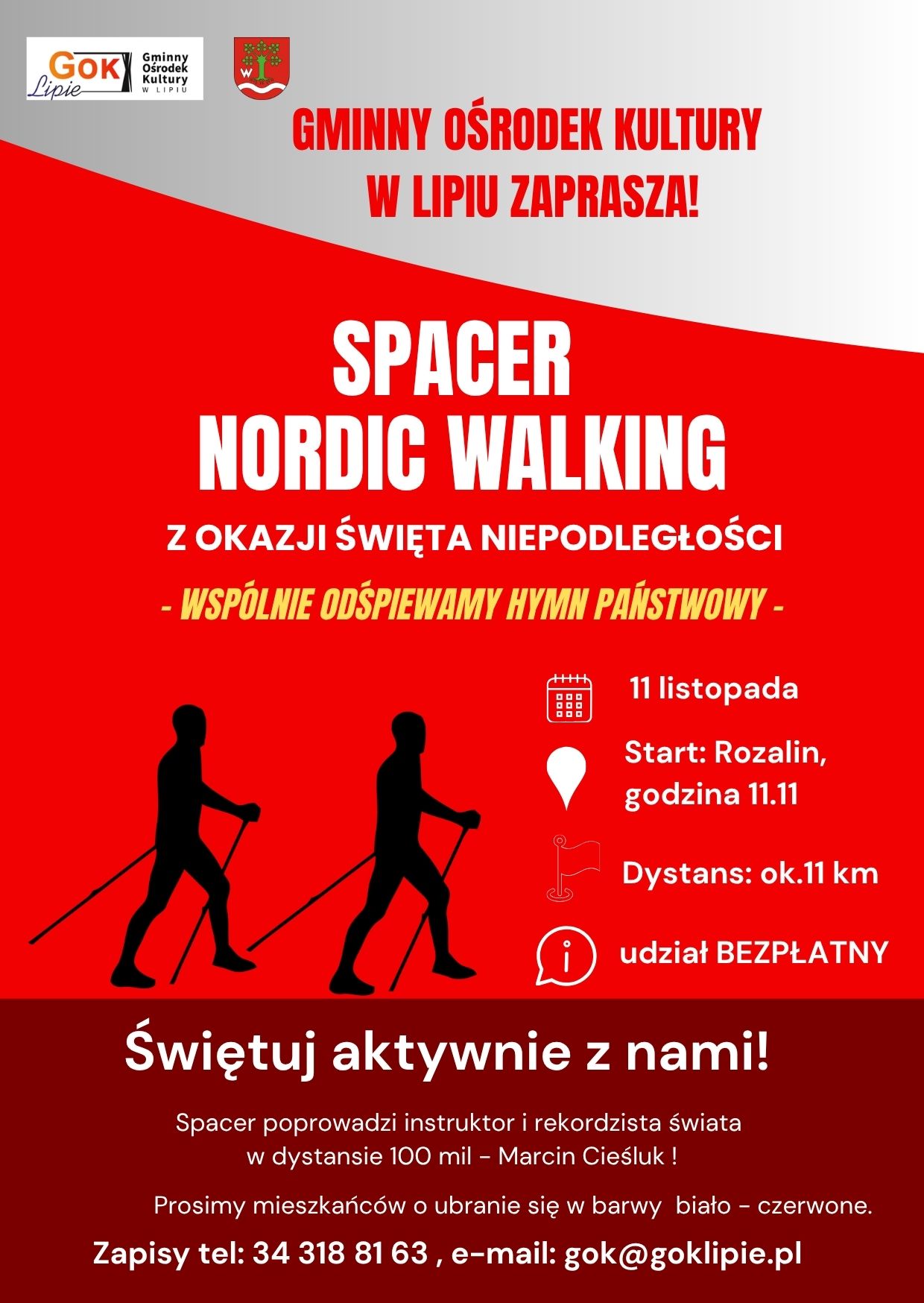 Plakat zapraszajacy na spacer nordic walking z okazji Święta Niepodległości