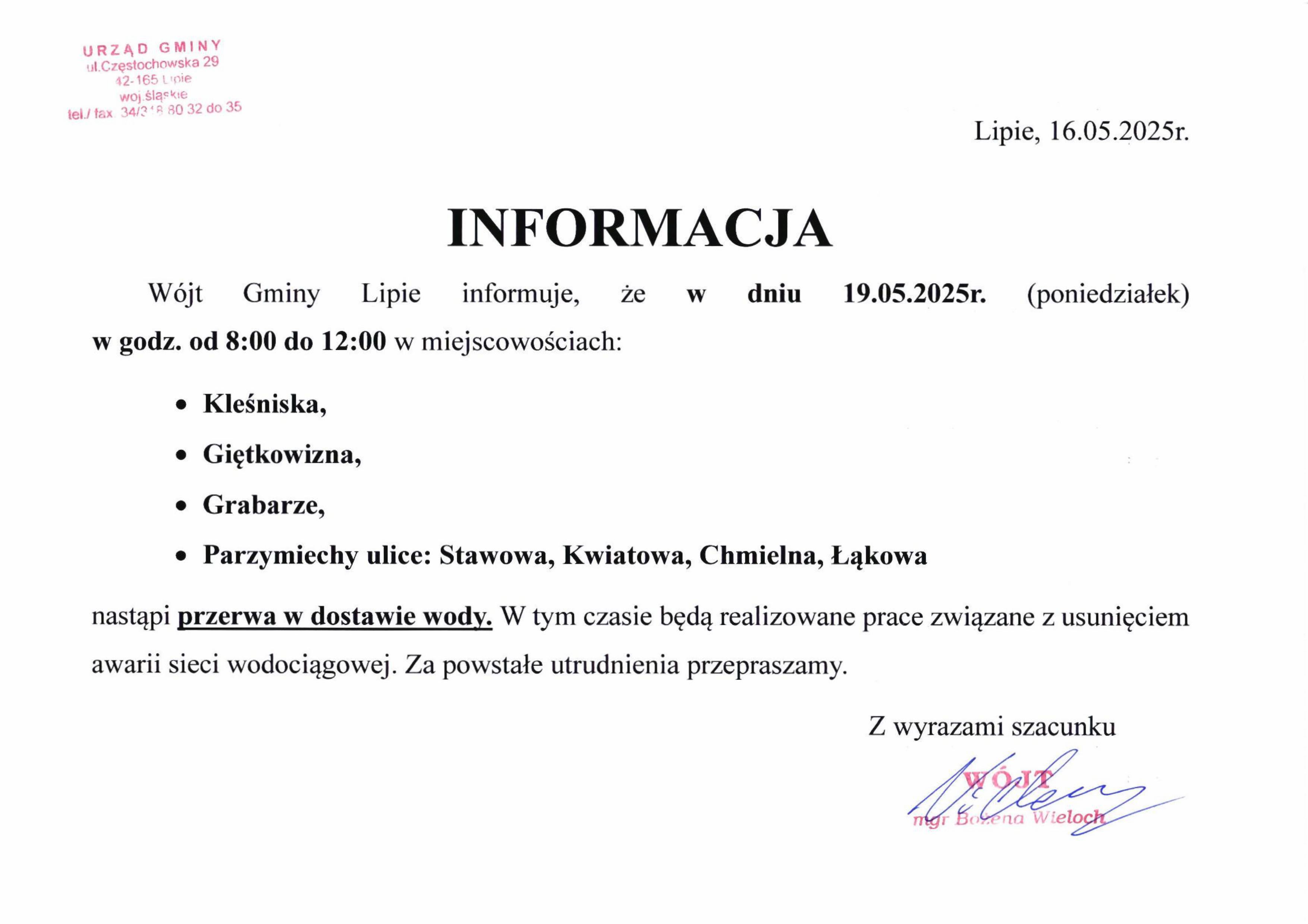 Informacja o przerwie w dostawie wody