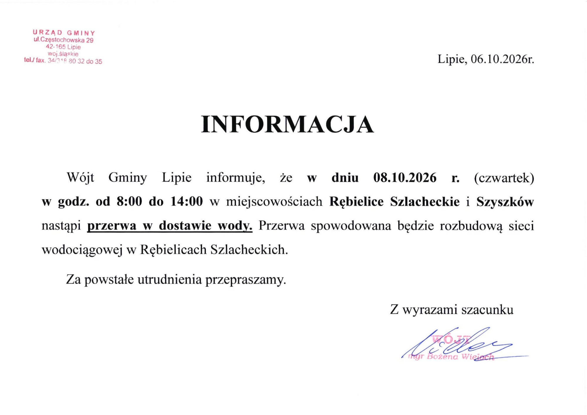 Informacja o przerwie w dostawie wody
