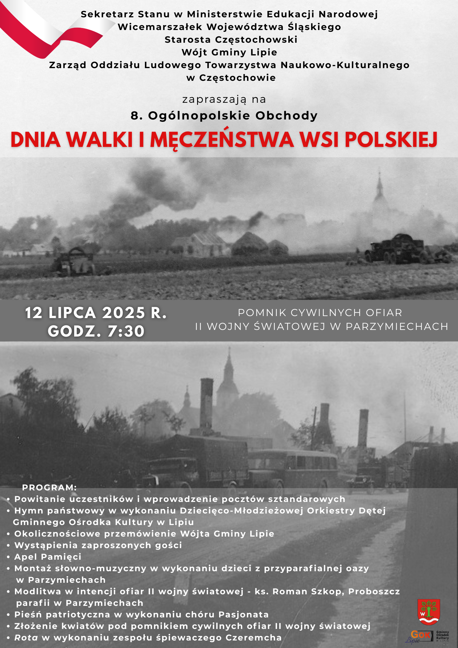 Plakat zapraszający mieszkańców na 8. Ogólnopolskie Obchody Dnia Walki i Męczeństwa Wsi Polskiej