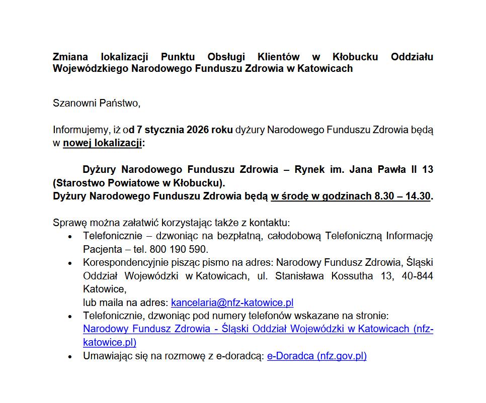 Zmiana miejsca obsługi klientów w punkcie NFZ w Kłobucku