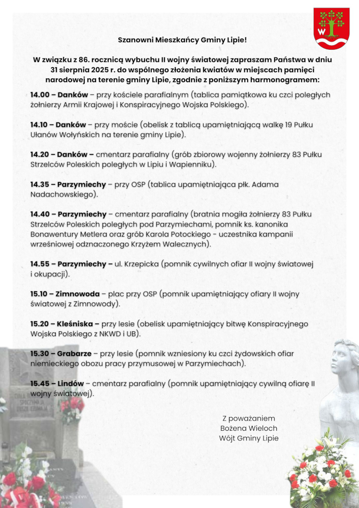 Harmonogram odwiedzin miejsc pamięci narodowej w gminie Lipie z okazji 86. Rocznicy wybuchu II wojny światowej.