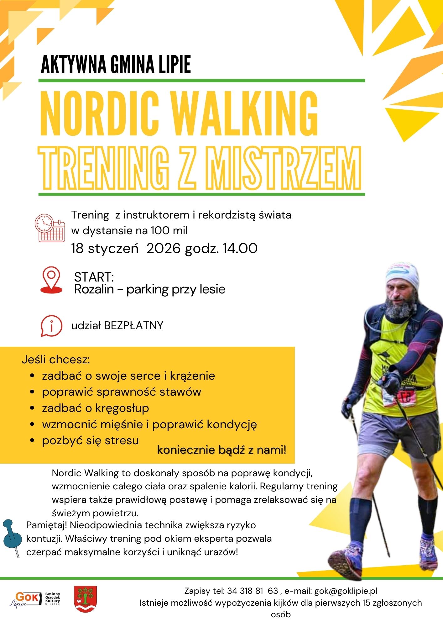 Plakat zapraszający na trening Nordic walking 18 stycznia o 14 w Rozalinie