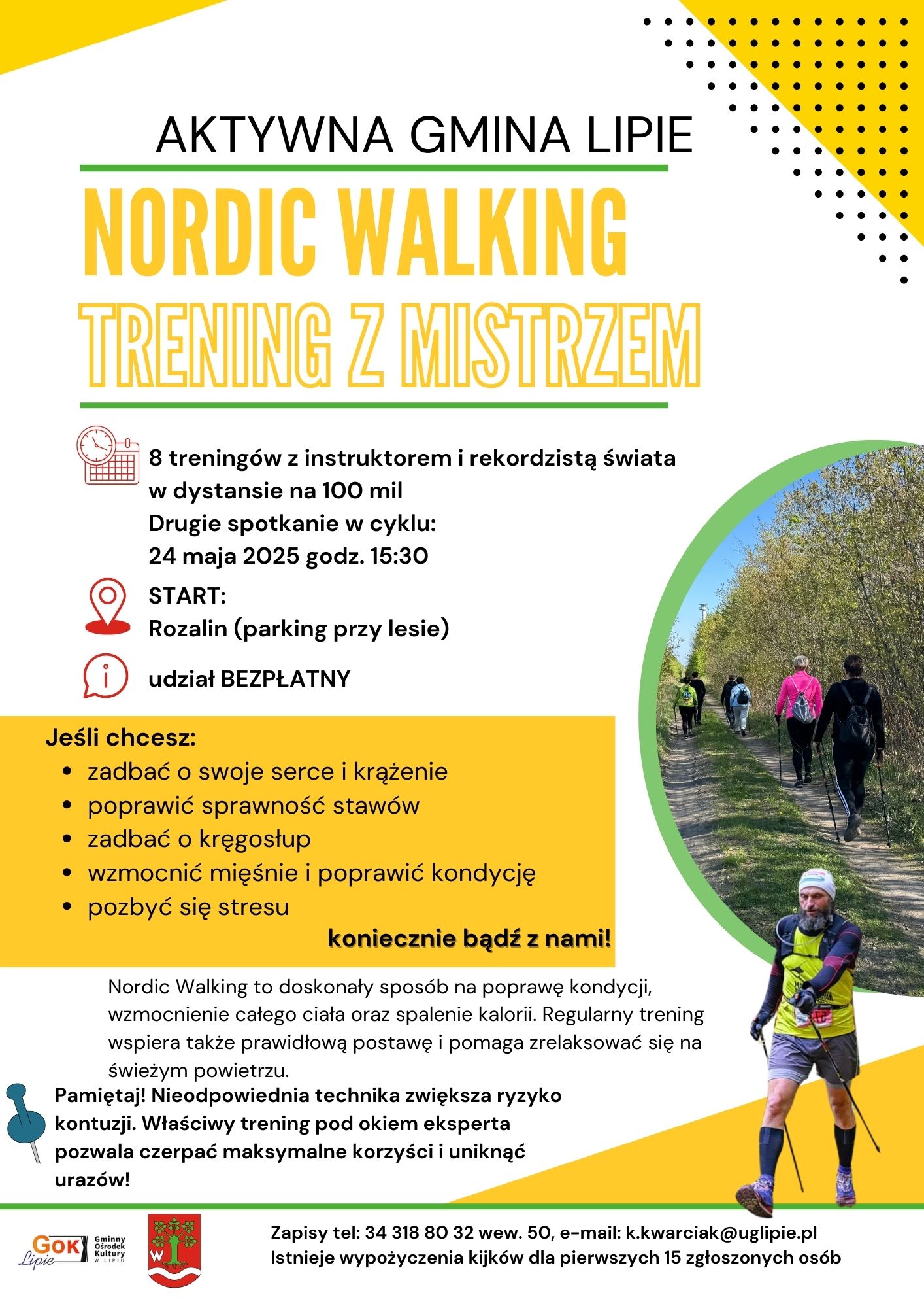Plakat zapraszający na zajęcia Nordic Walking - Trening z Mistrzem