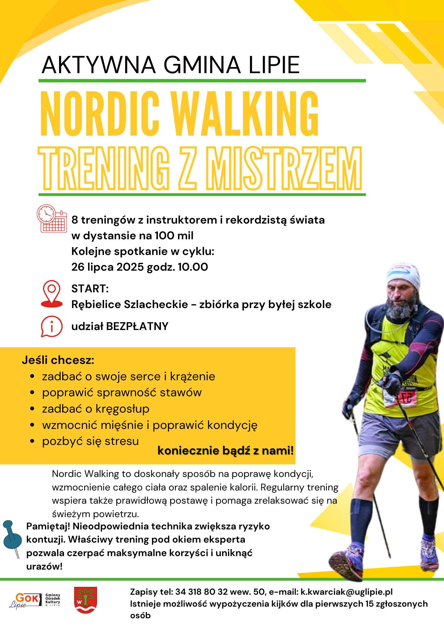 Plakat zapraszający na trening nordic walking, który odbędzie się 26 lipca