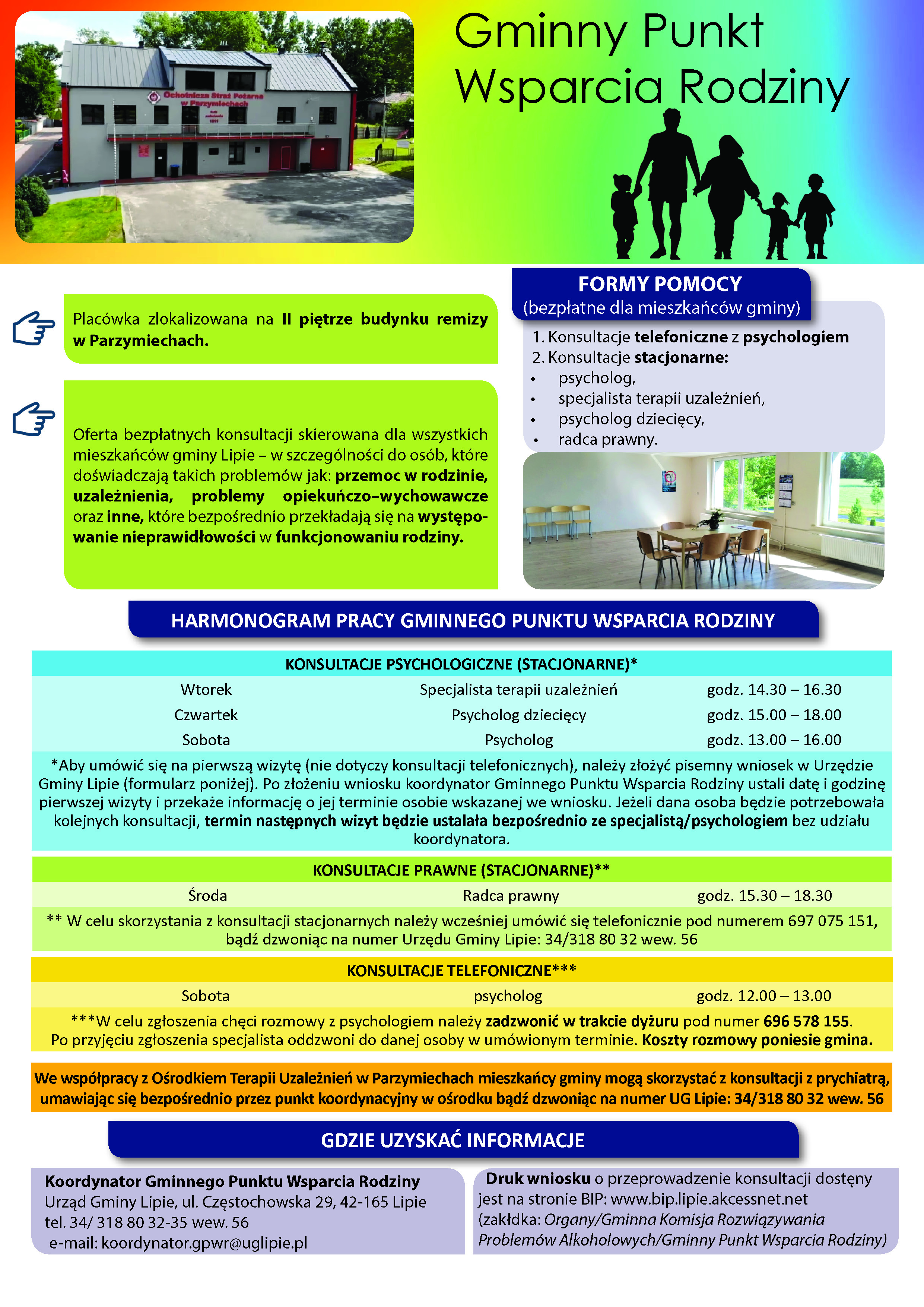 Zdjęcie przedstawia informacje dotyczące funkcjonowania oraz harmonogram pracy Gminnego Punktu Wsparcia Rodziny