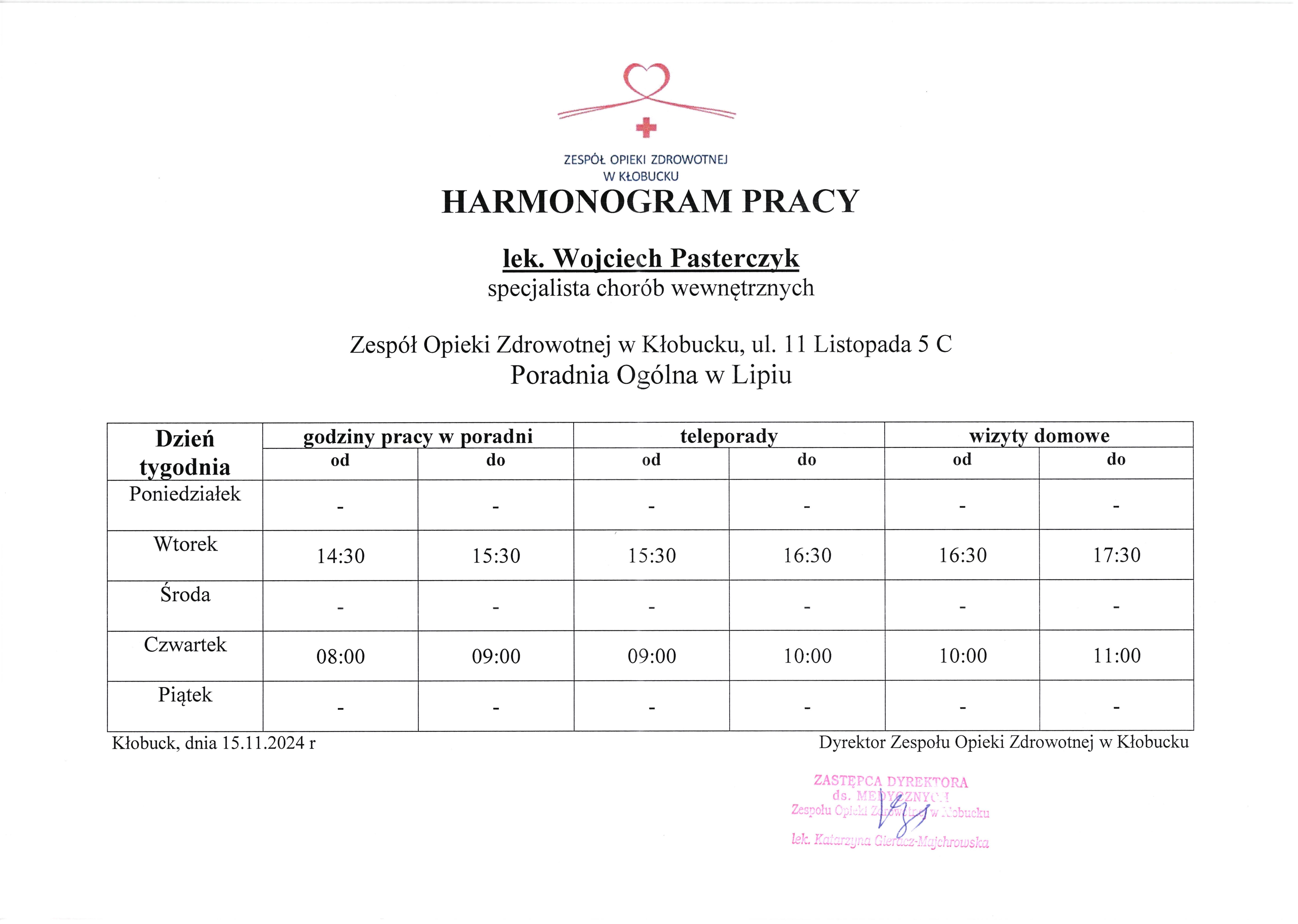 Harmonogram pracy lekarza POZ.