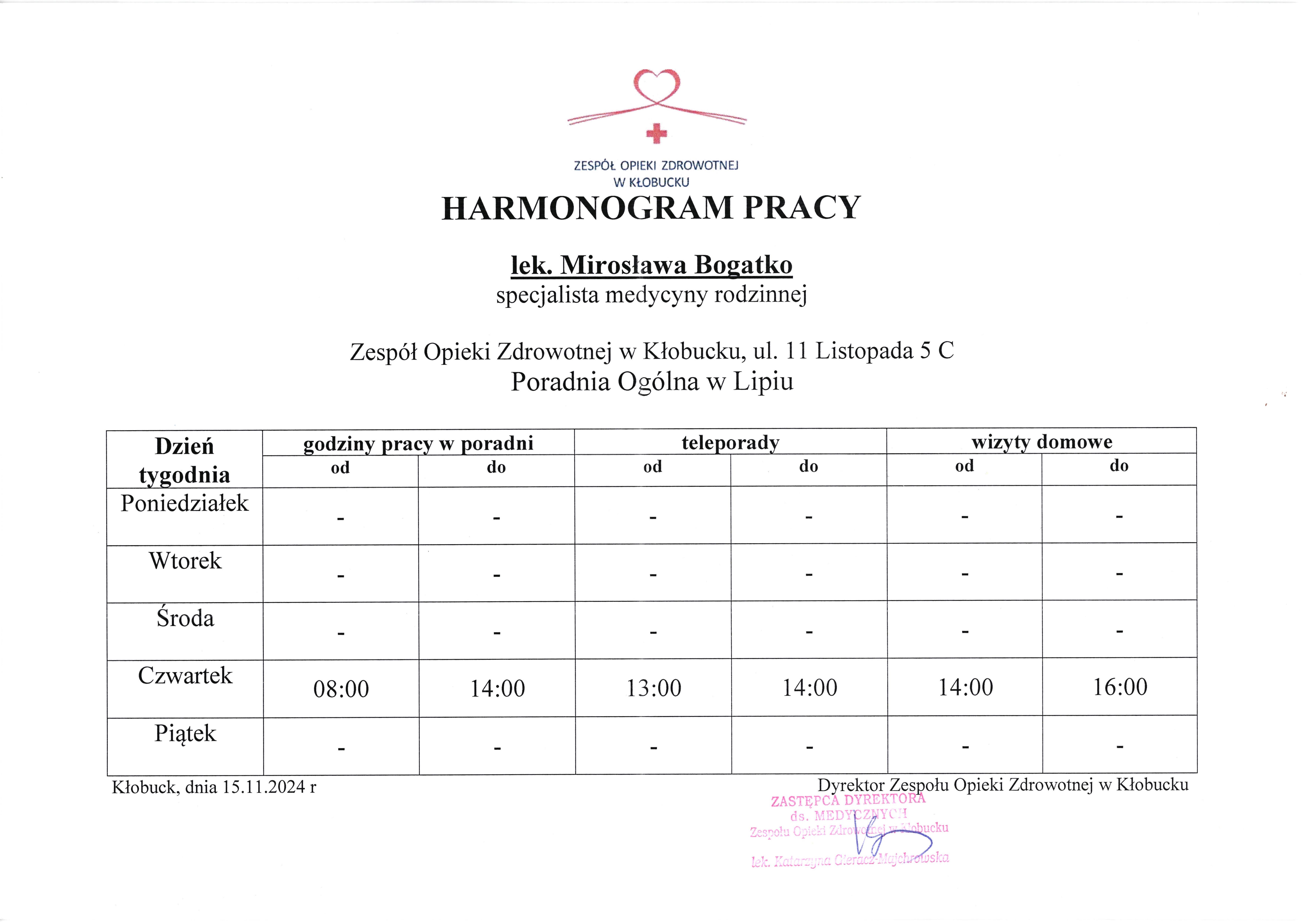 Harmonogram pracy lekarza POZ.