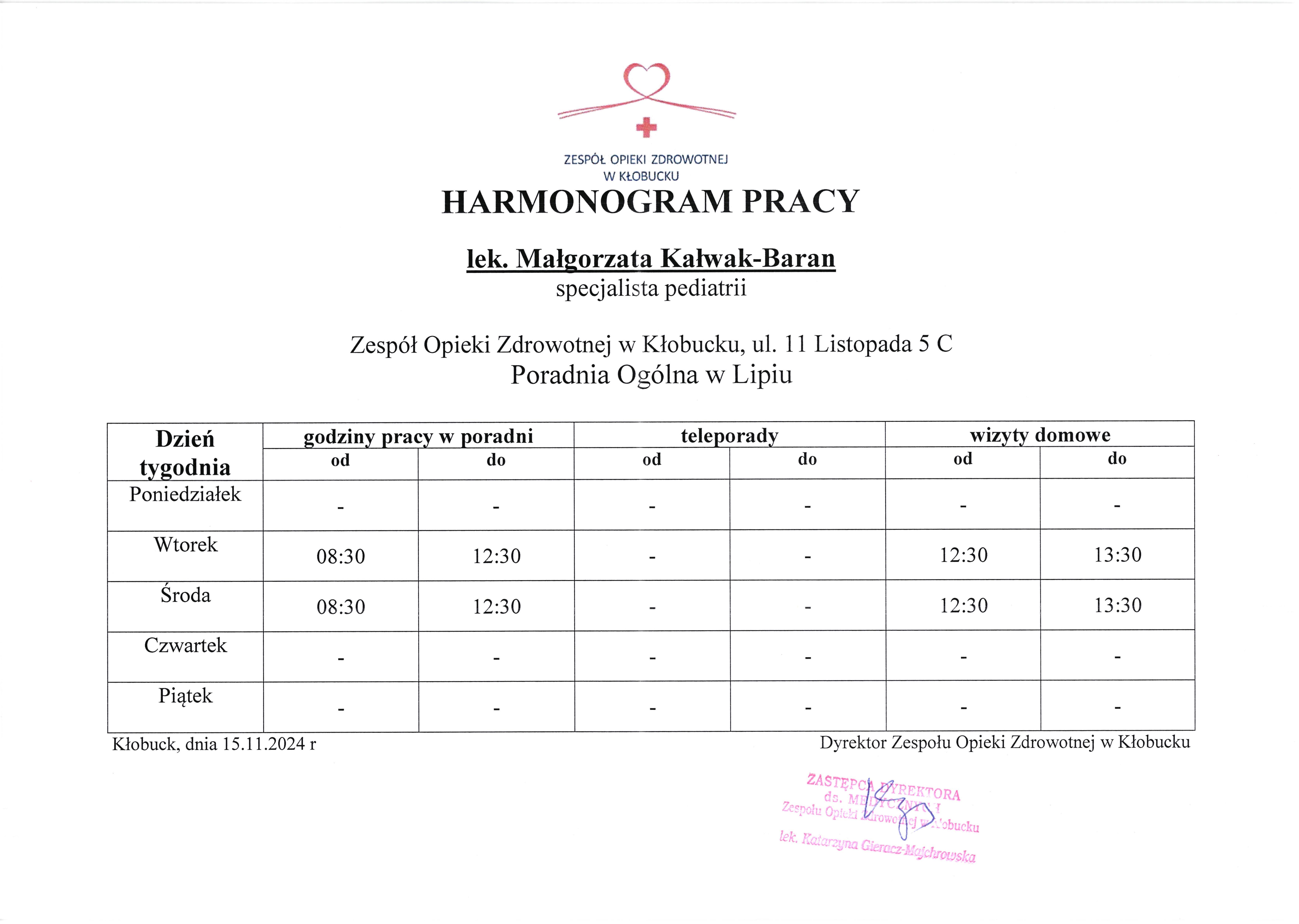 Harmonogram pracy lekarza POZ.