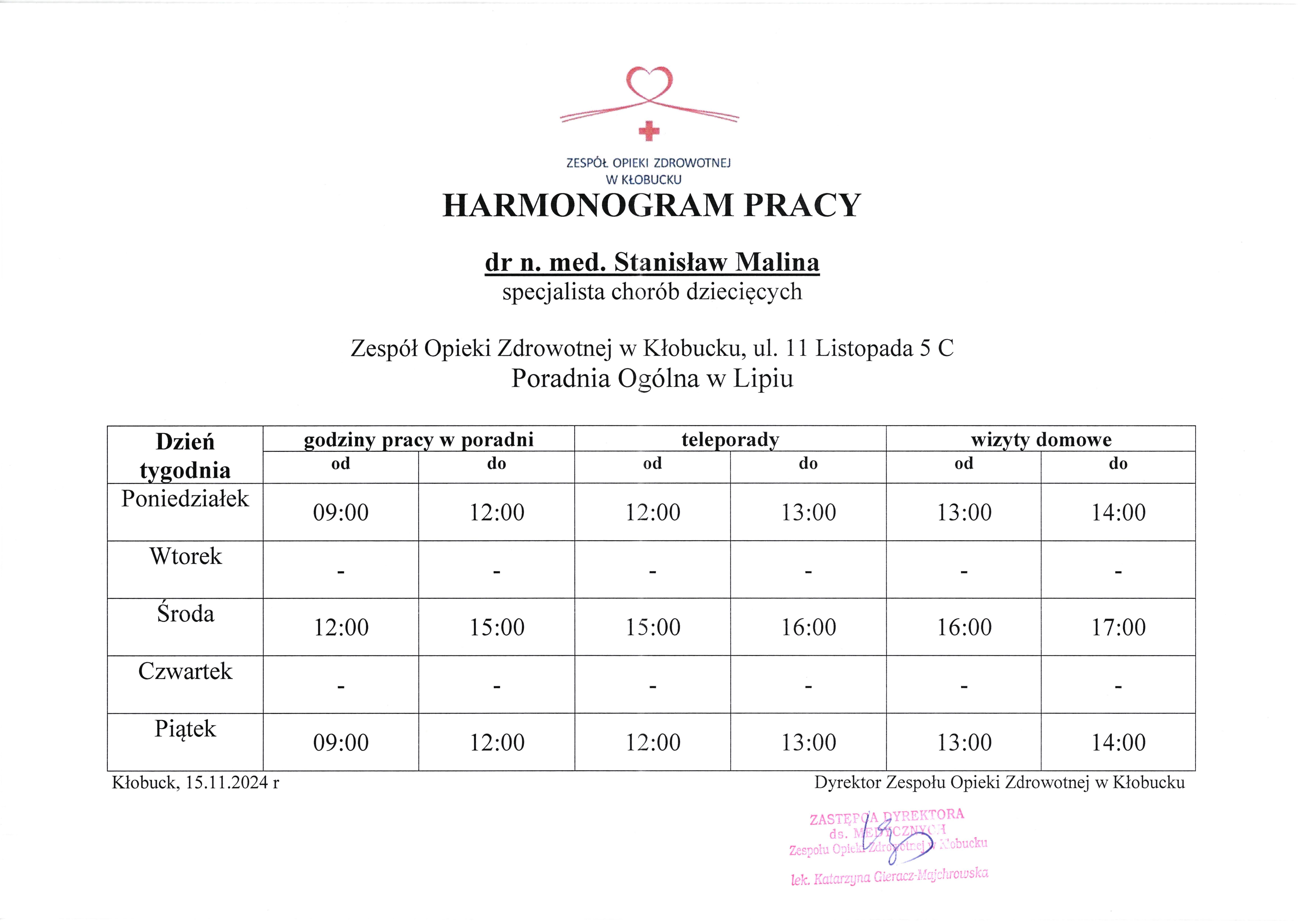 Harmonogram pracy lekarza POZ.