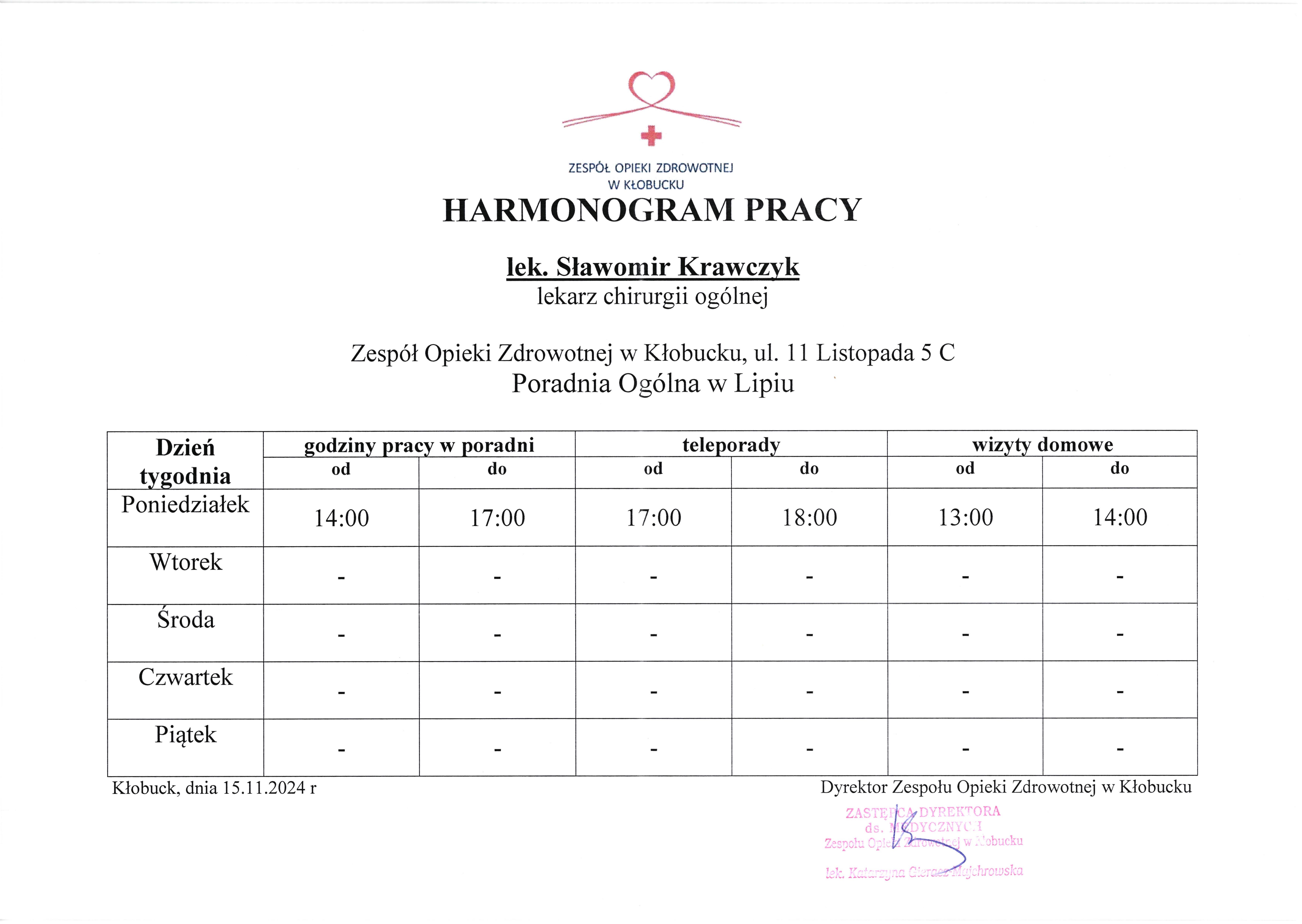 Harmonogram pracy lekarza POZ.