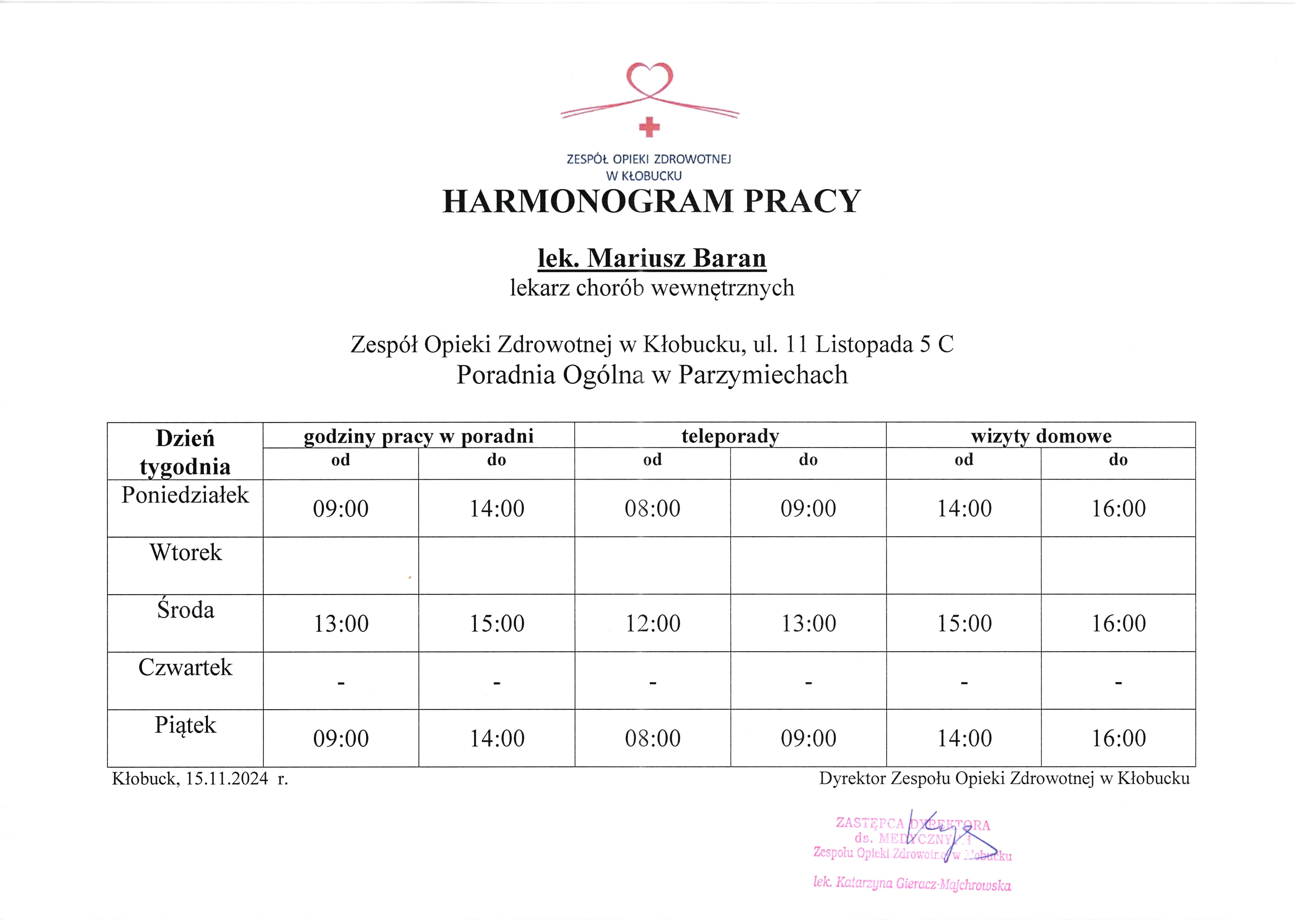 Harmonogram pracy lekarza POZ.