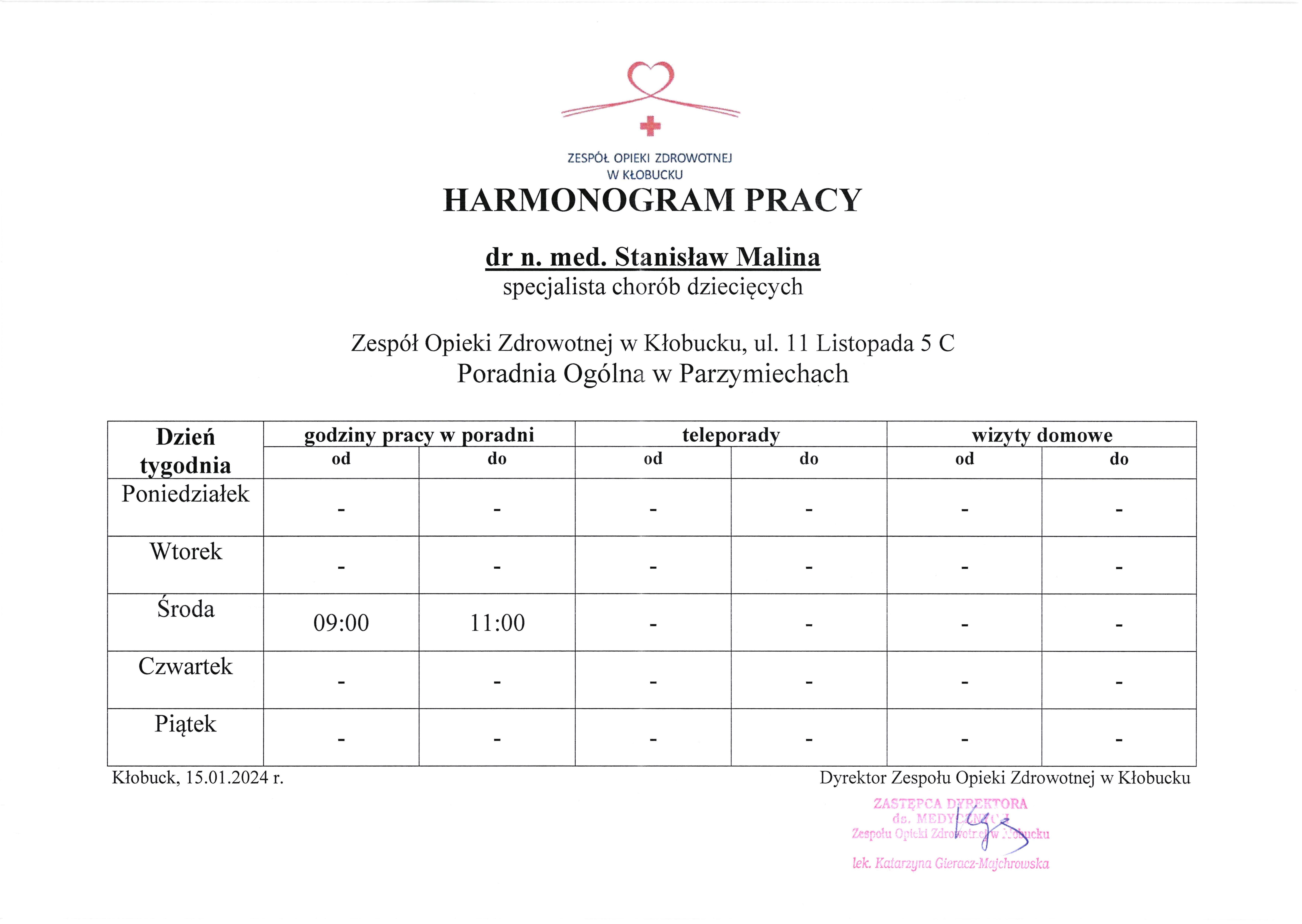 Harmonogram pracy lekarza POZ.