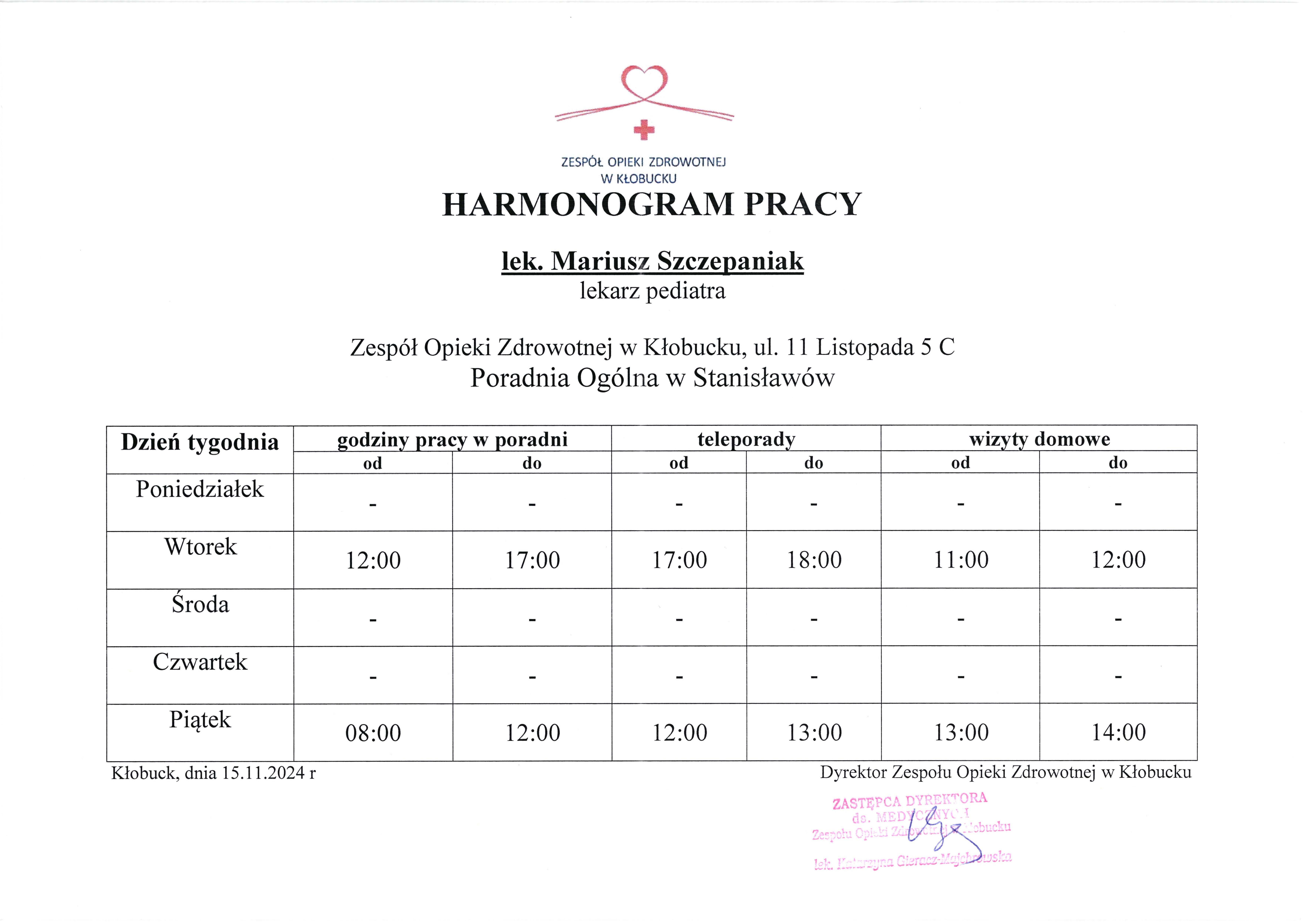 Harmonogram pracy lekarza POZ.