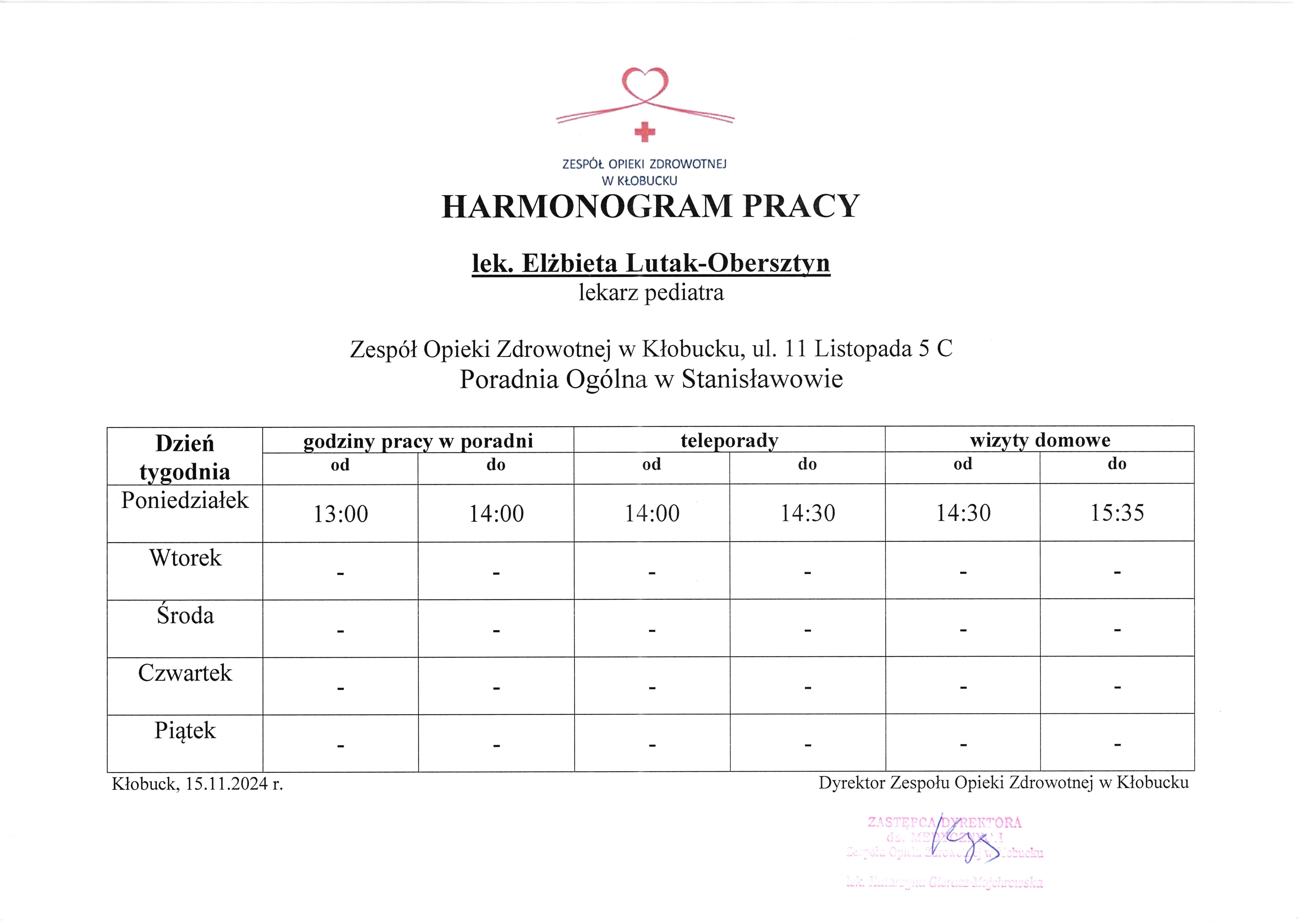 Harmonogram pracy lekarza POZ.