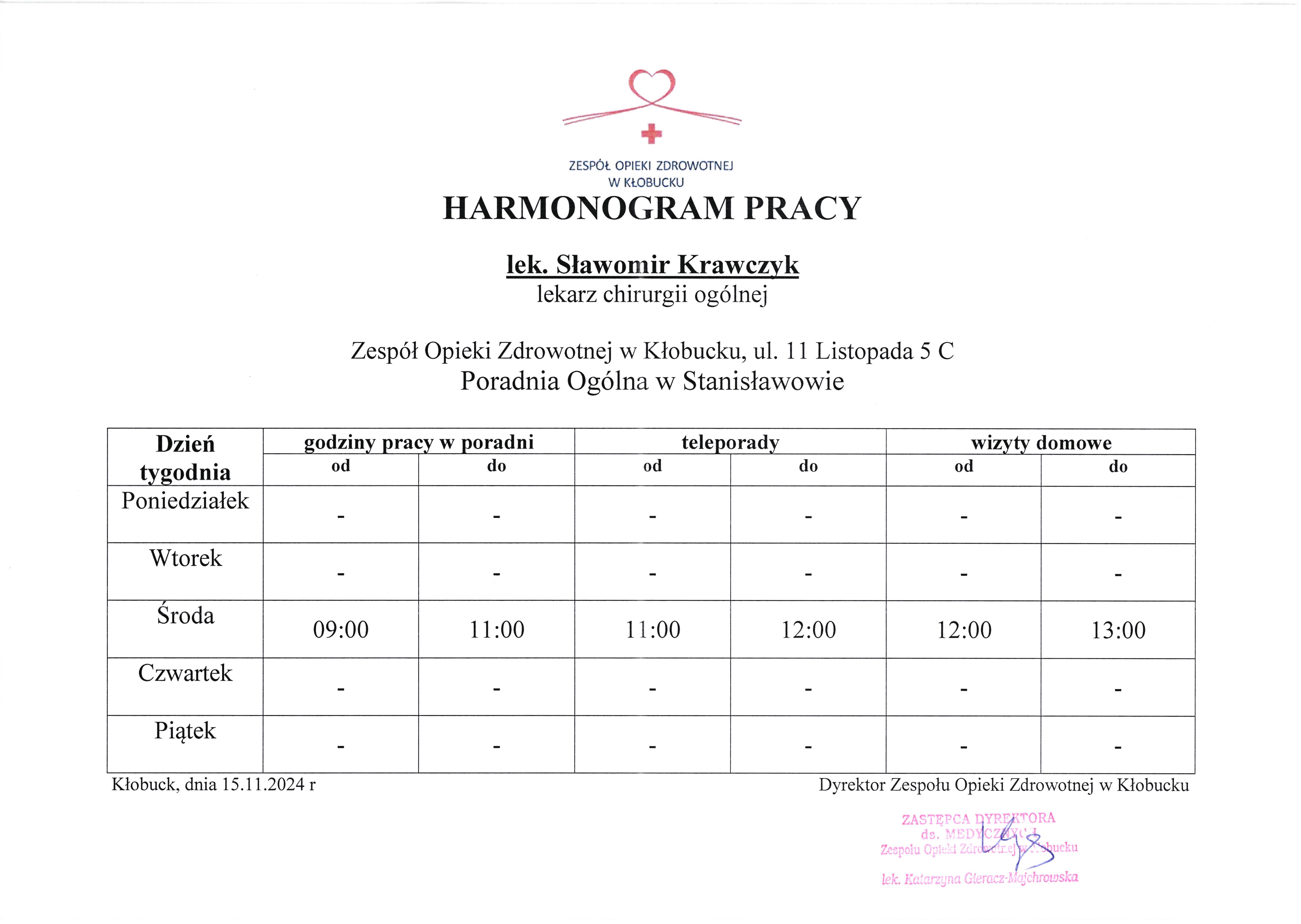 Harmonogram pracy lekarza POZ.