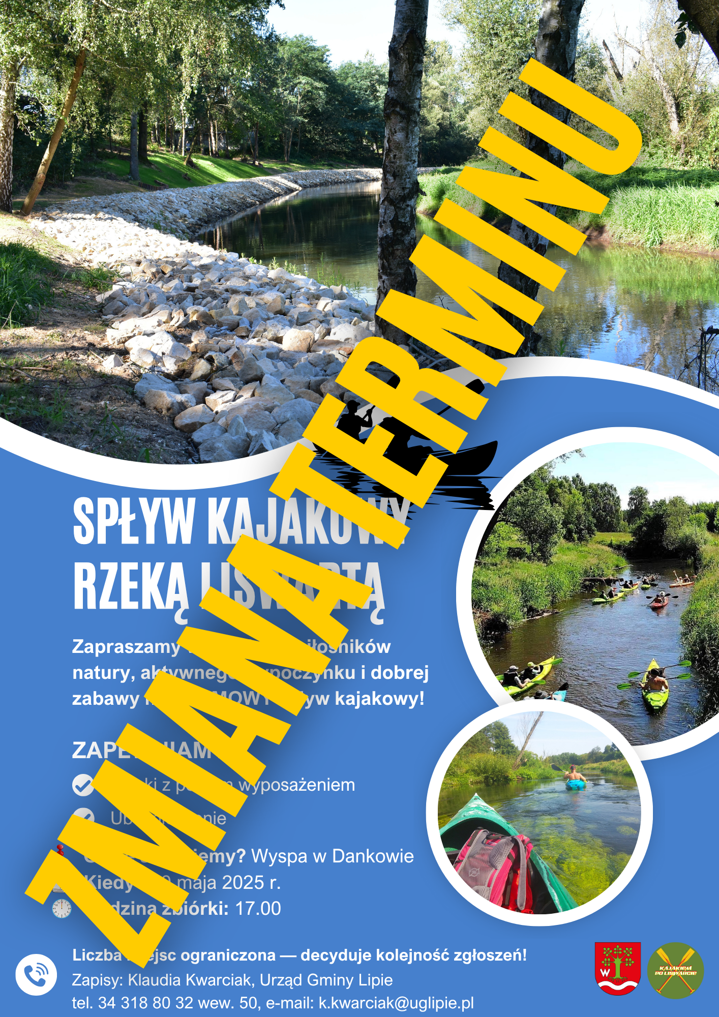 Plakat informujący o zmianie terminu spływu kajakowego