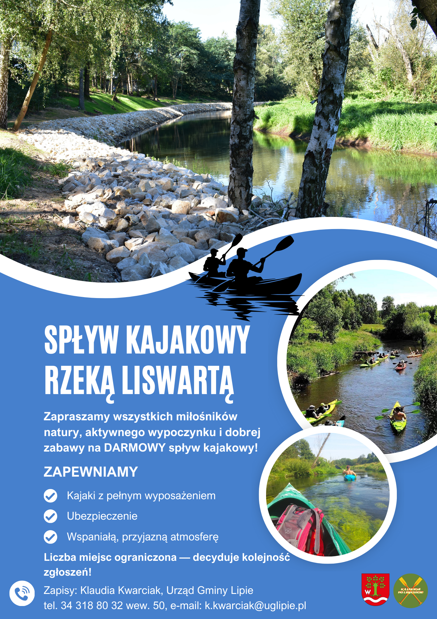 plakat dotyczący darmowego spływu kajakowego Liswartą