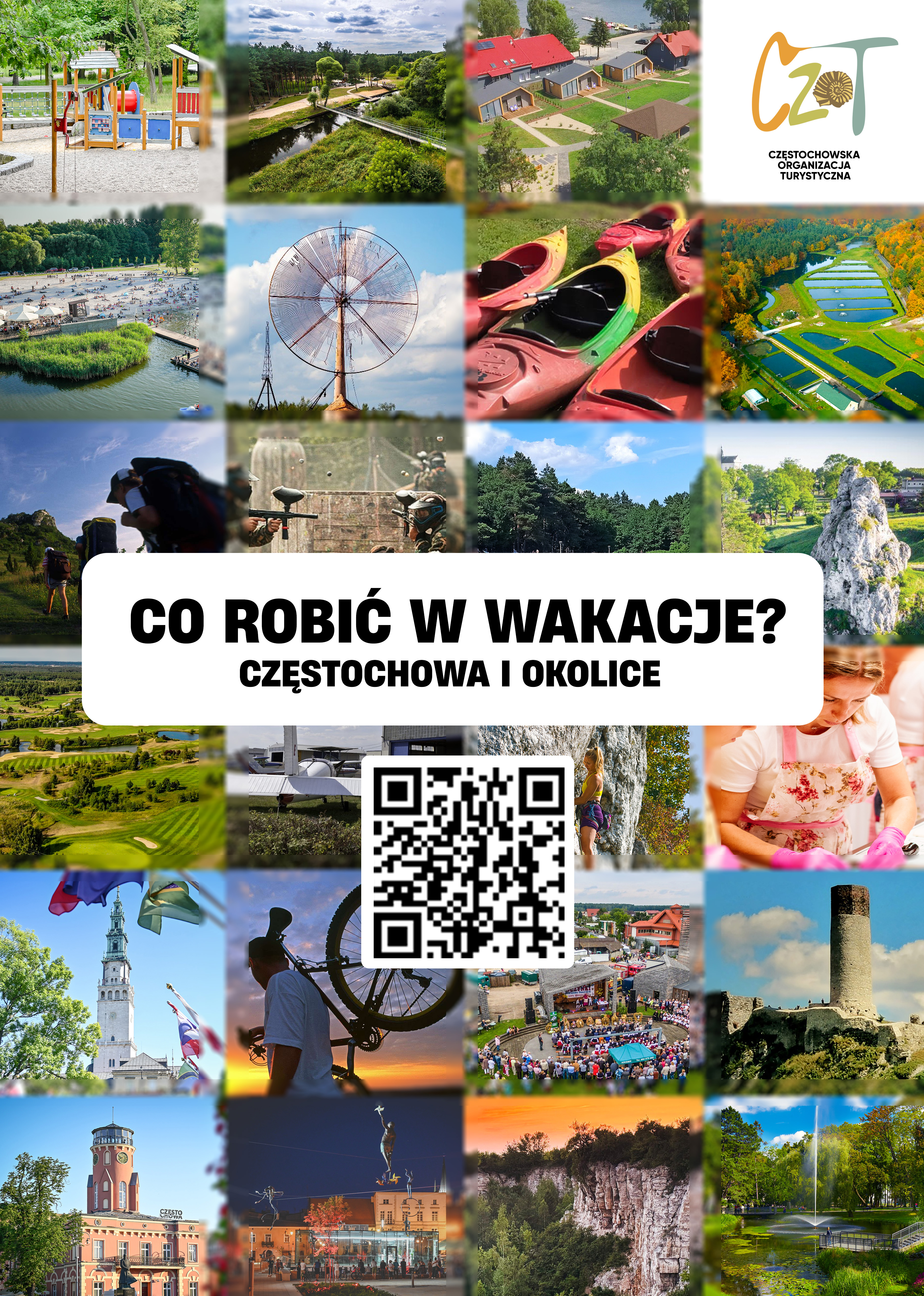 Okładka przewodnika „Co robić w wakacje? Częstochowa i okolice” wraz z kodem QR.