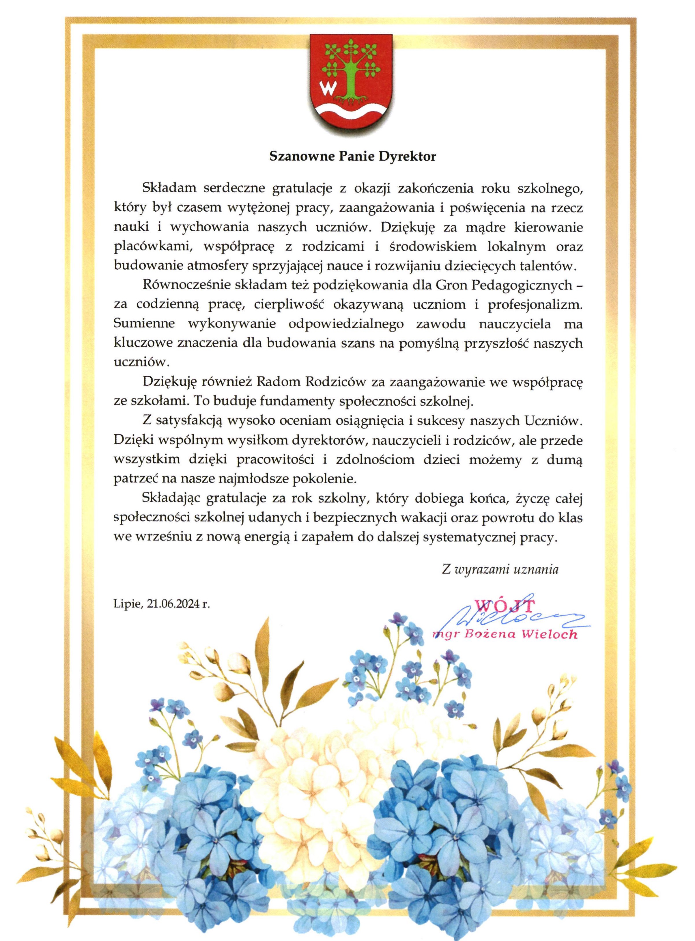 List gratulacyjny Wójta Gminy Lipie z okazji zakończenia roku szkolnego.