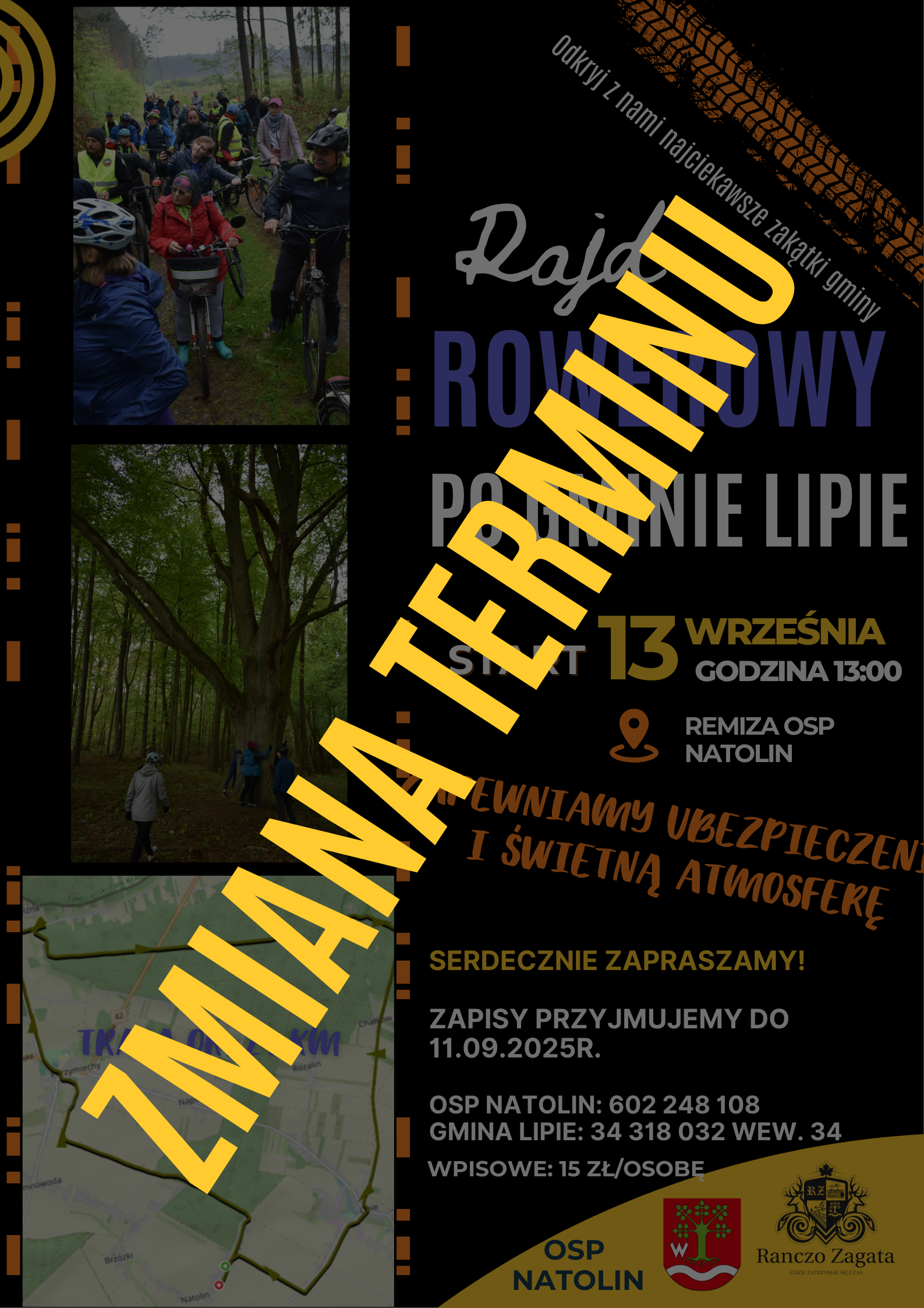 Plakat informujący o zmianie terminu Rajdu rowerowego