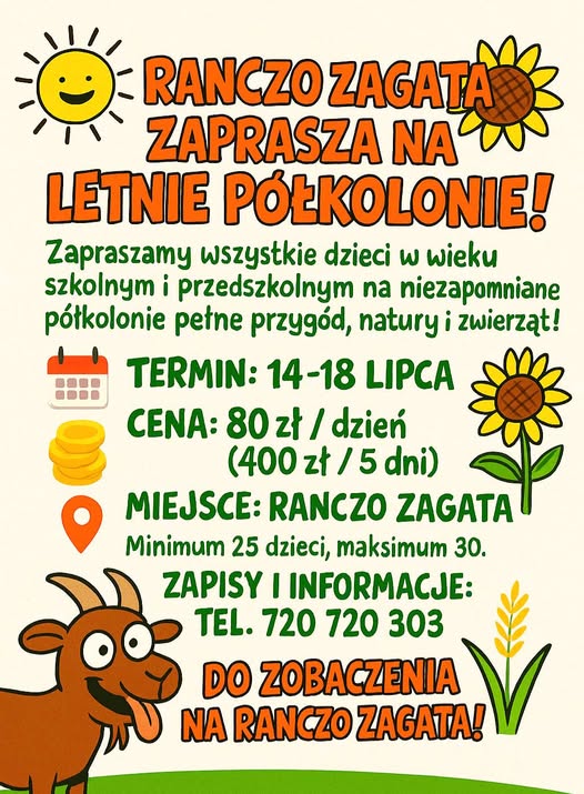 Plakat promocyjny półkolonii organizowanych przez Ranczo Zagata.