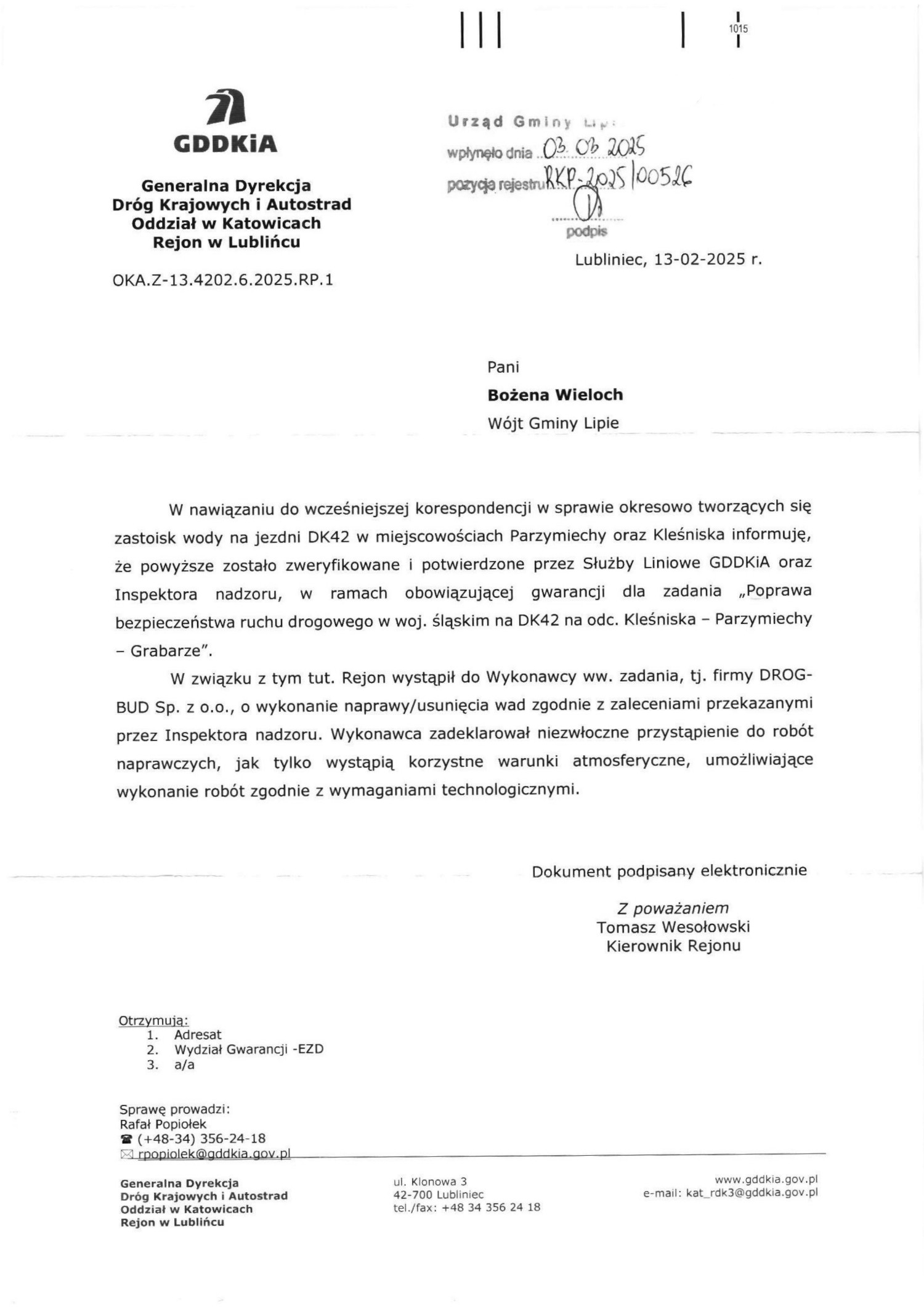 Pismo GDDKiA do Wójta Gminy Lipie.