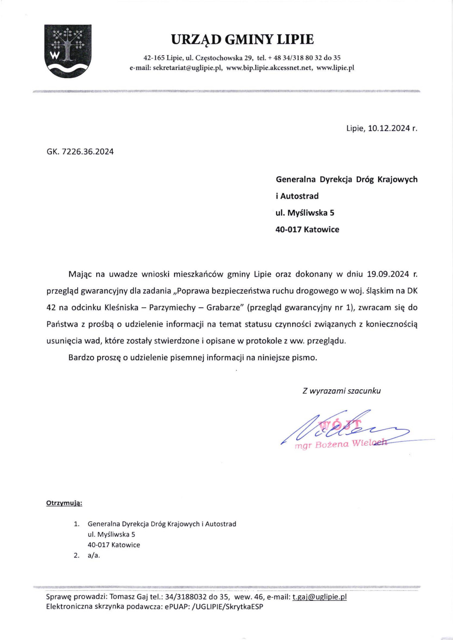 Pismo Wójta Gminy Lipie do GDDKiA.