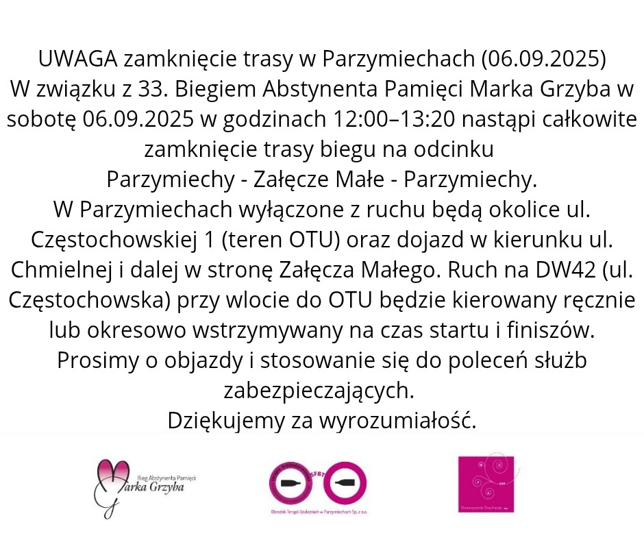 UWAGA – zamknięcie trasy w Parzymiechach (06.09.2025)