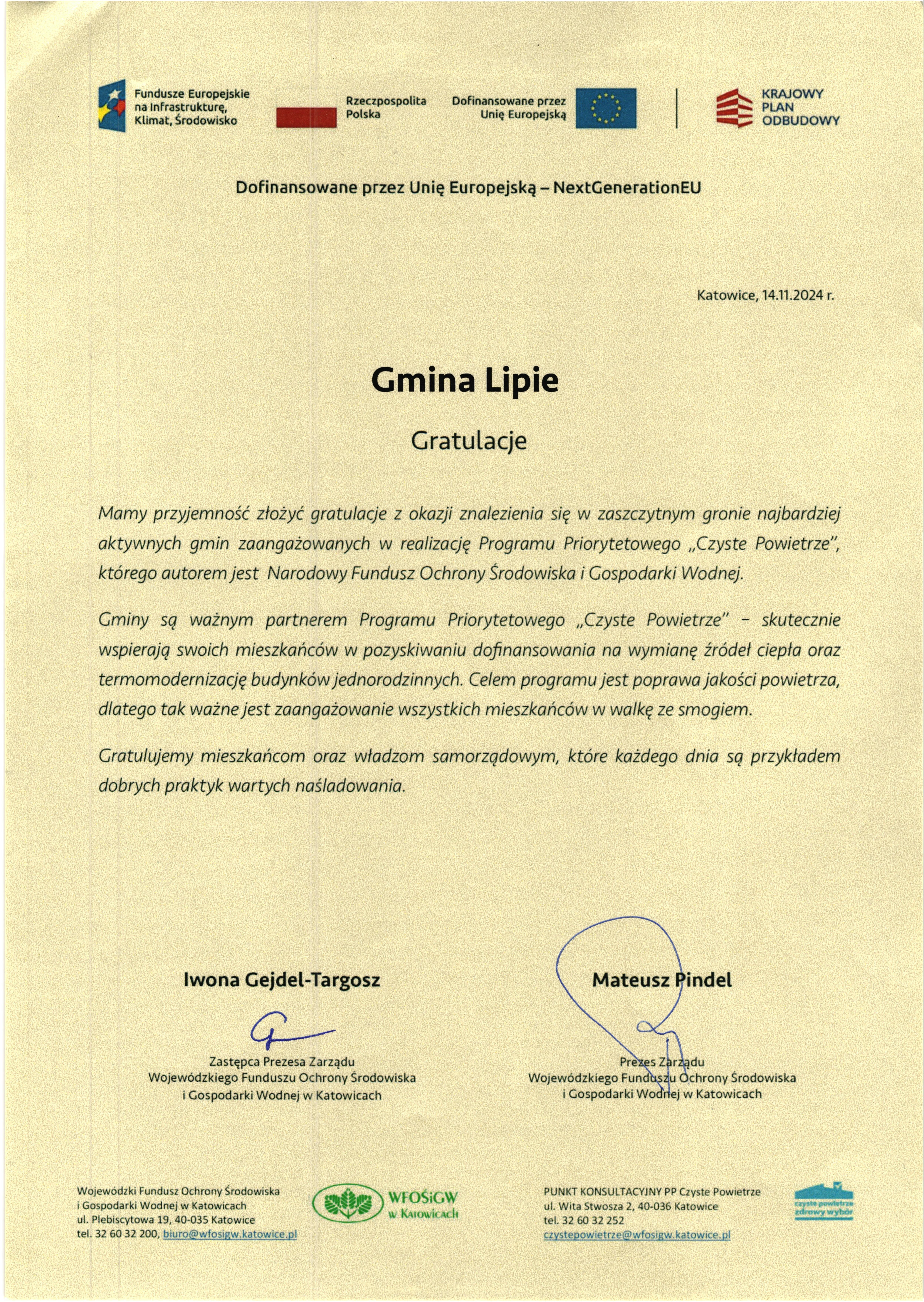 List gratulacyjny z WFOŚiGW w Katowicach.
