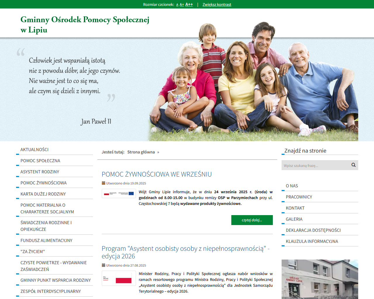Zrzut ekranu ze stroną internetową GOPS w Lipiu.