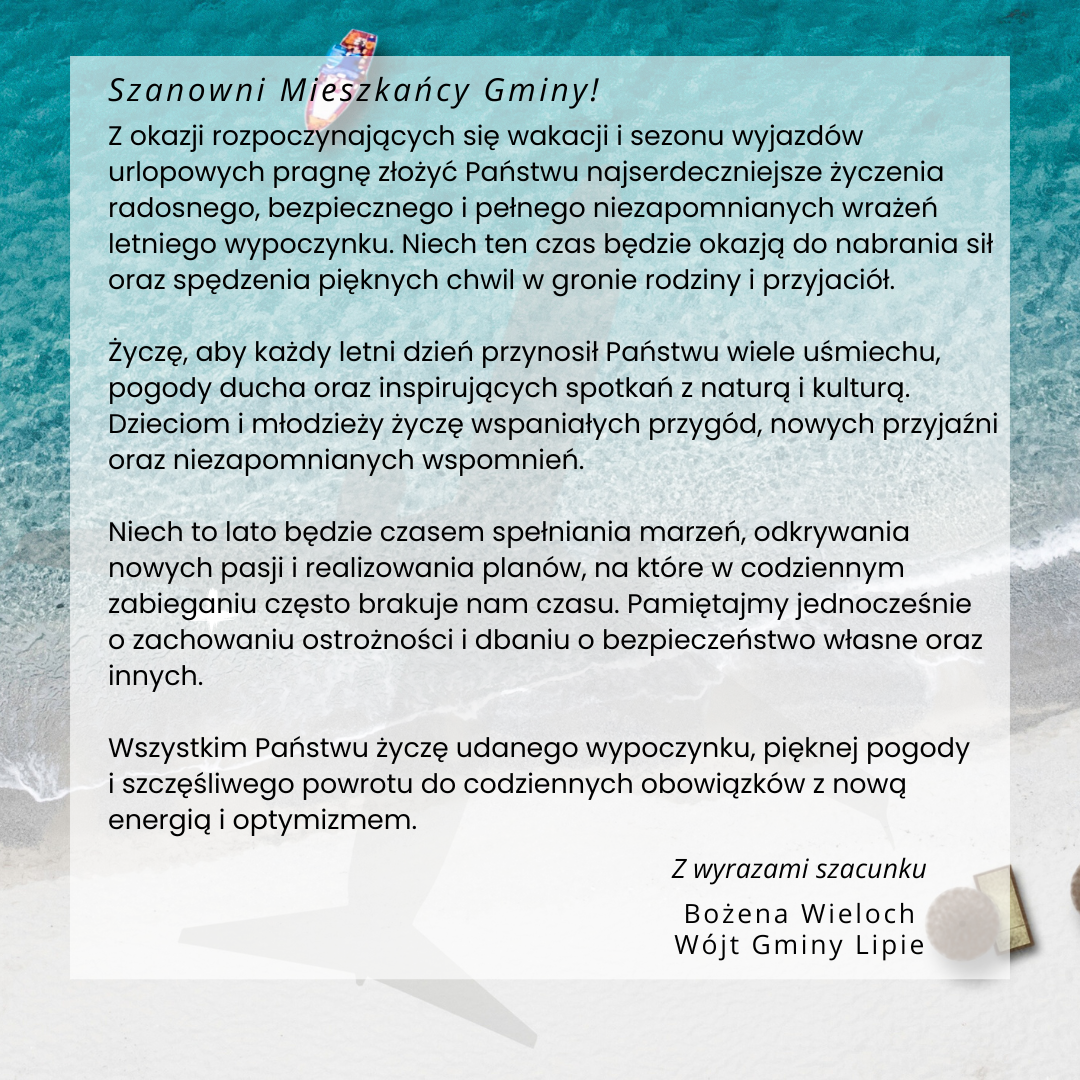 Życzenia dla mieszkańców z okazji nadchodzących wakacji 