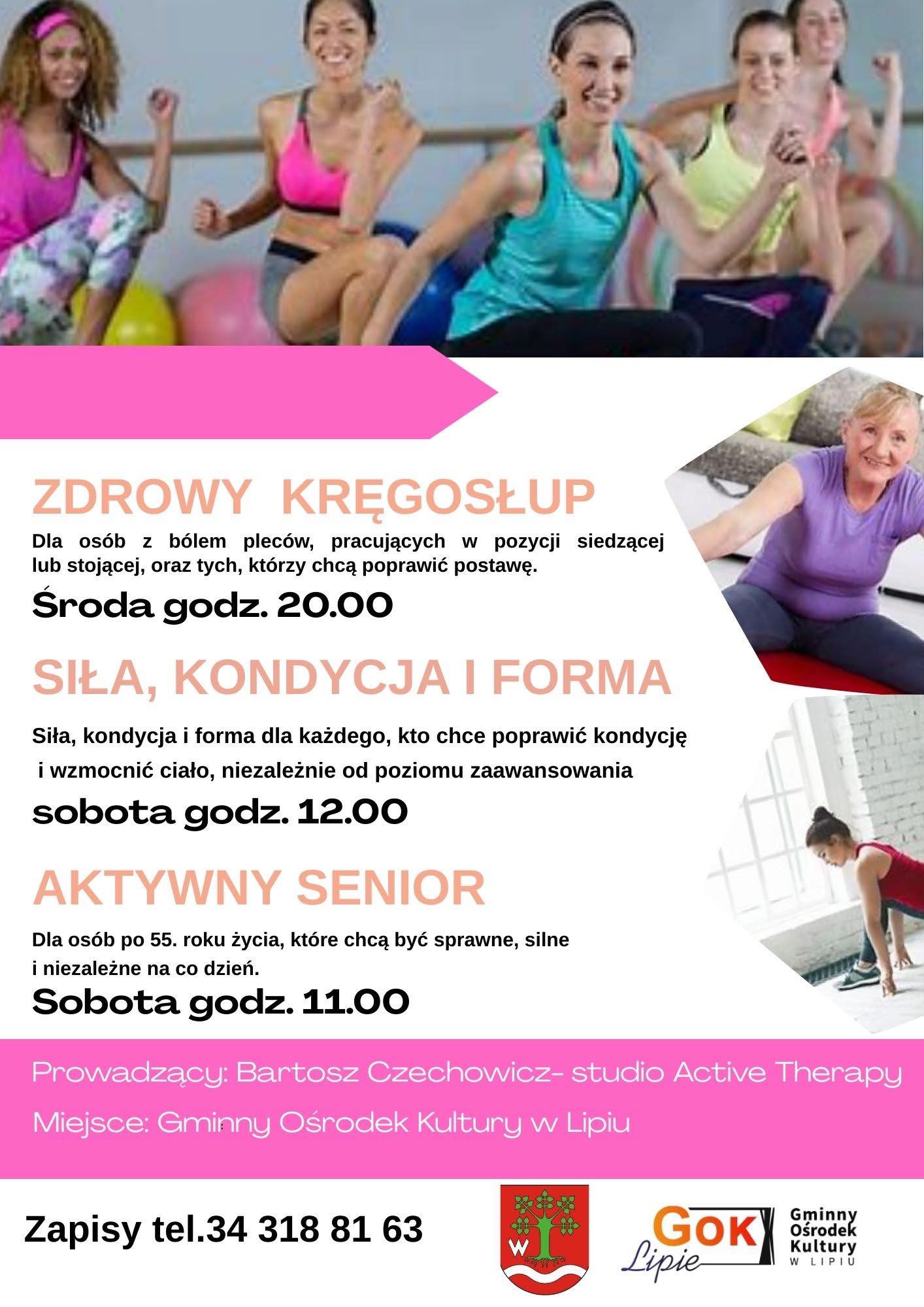 Plakat zapraszający na zajęcia Zdrowy Kręgosłup, Aktywny Senior oraz Siła, Kondycja i Forma.