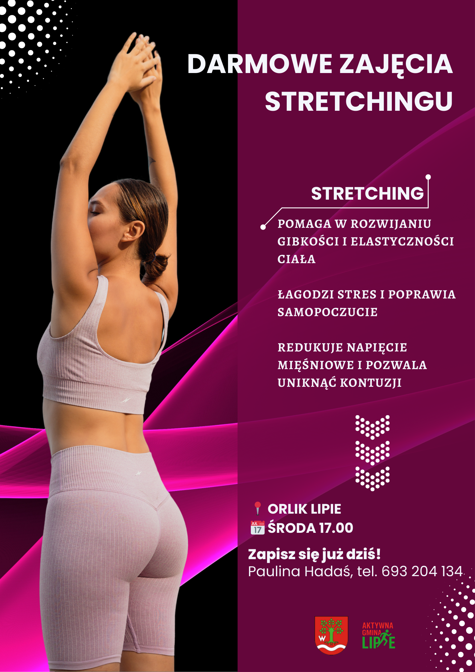 Plakat zapraszający na zajęcia stretchingu w środy o 17.00