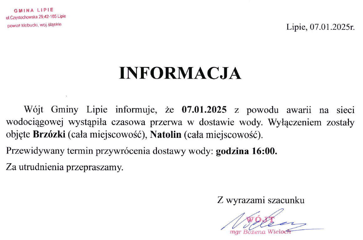 Informacja o przerwie w dostawie wody