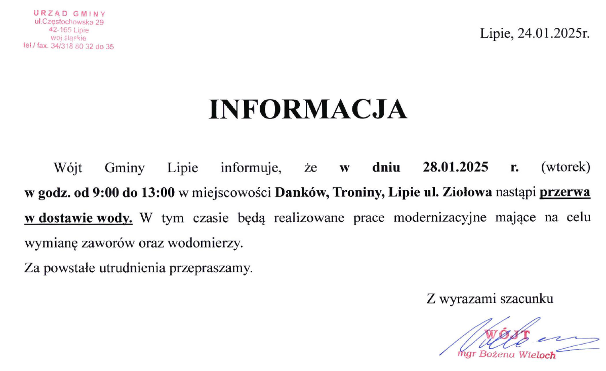 Informacja przerwa w dostawie wody
