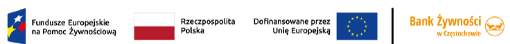 Logotypy: Fundusze Europejskie na Pomoc Żywnościową, Rzeczpospolita Polska, Unia Europejska, Bank Żywności.  Kolorowe w wersji poziomej. 