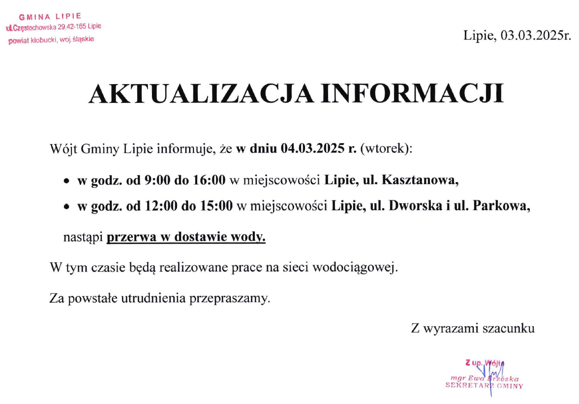 Informacja o przerwie w dostawie wody - aktualizacja