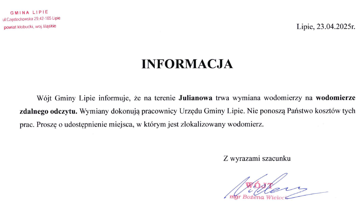 Informacja o wymianie wodomierzy