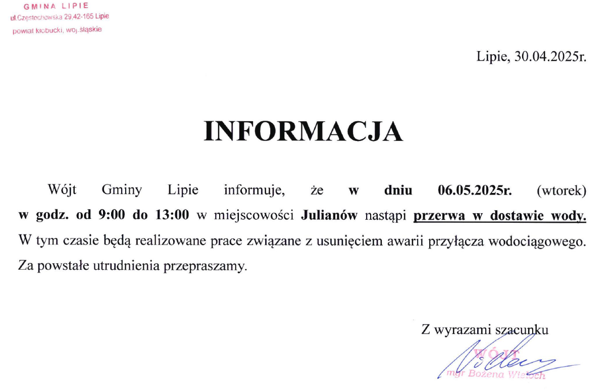Informacja o przerwie w dostawie wody 