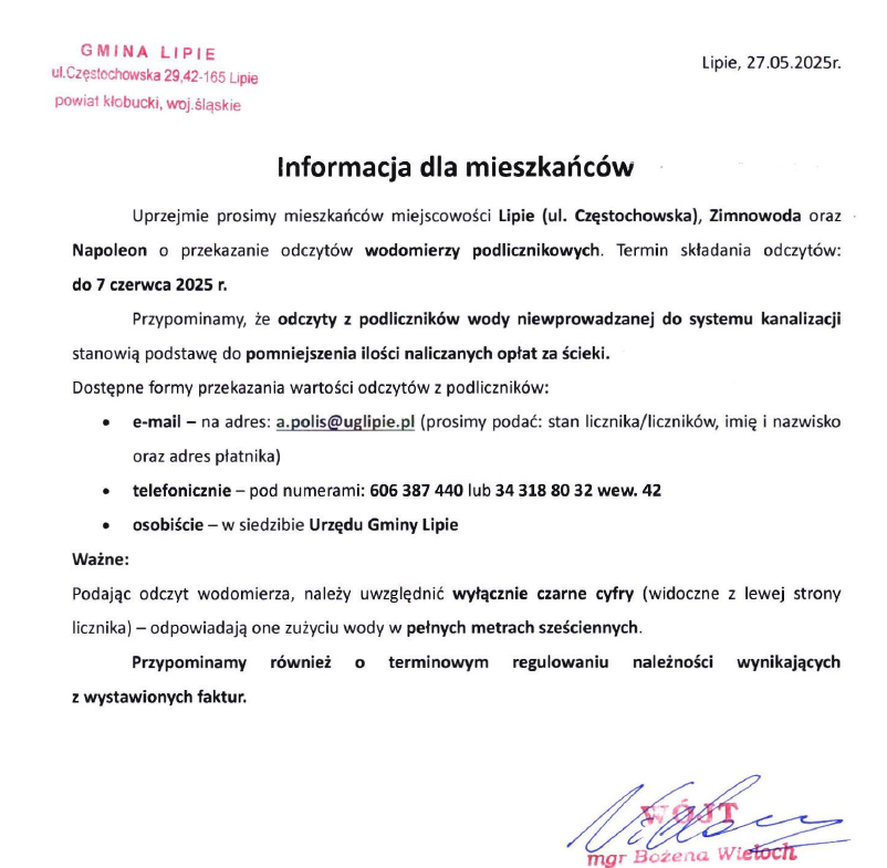 Informacja dla mieszkańców