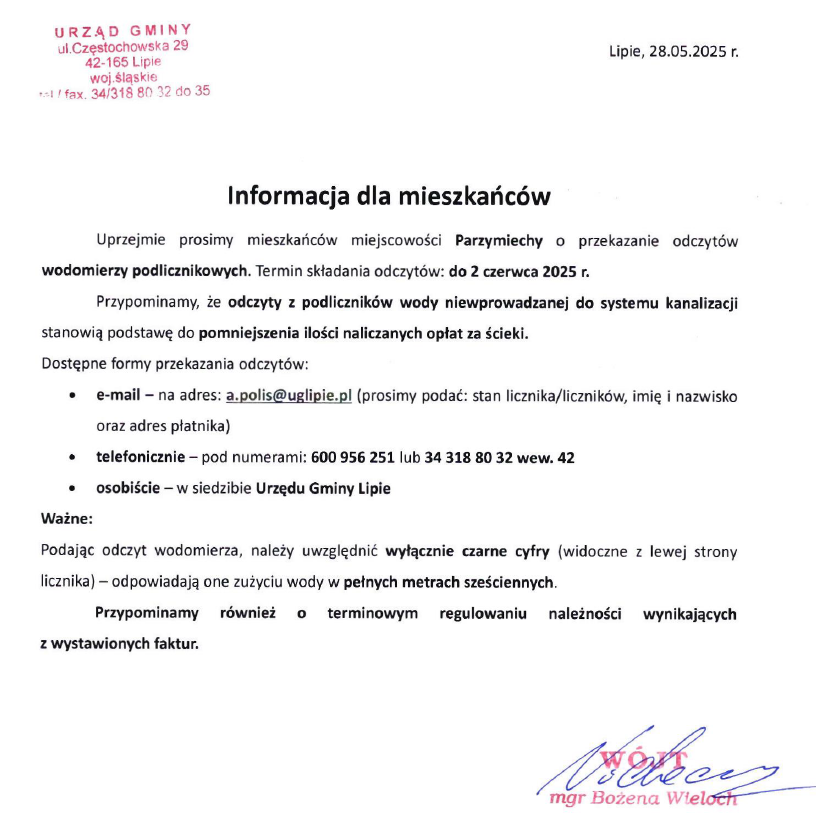 Informacja Wójta Gminy Lipie
