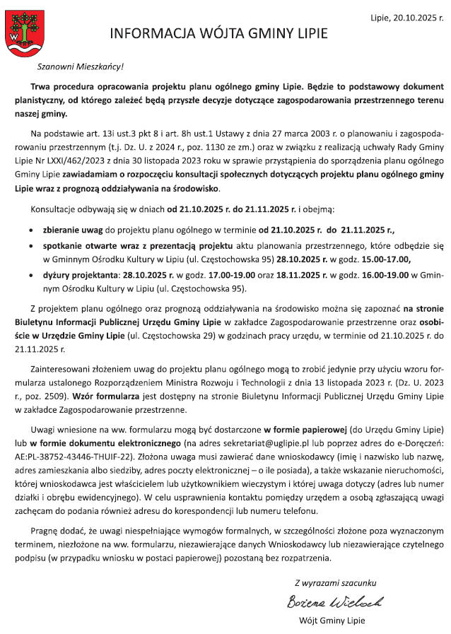 Informacja Wójta Gminy Lipie