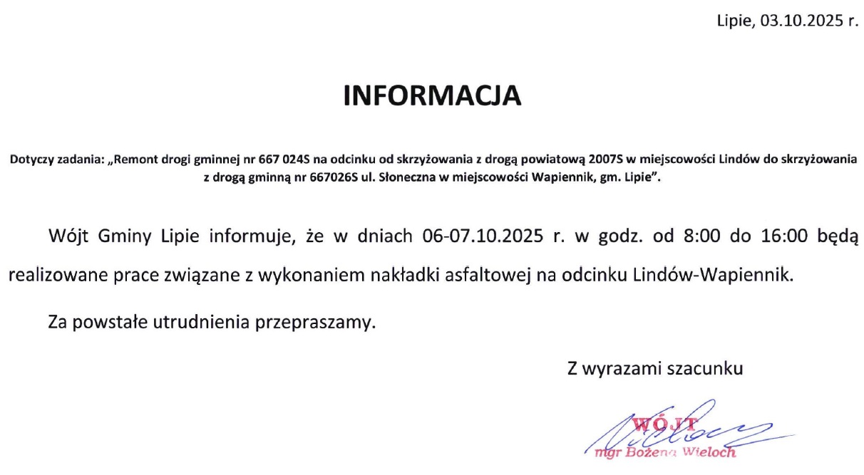 Informacja Wójta Gminy Lipie