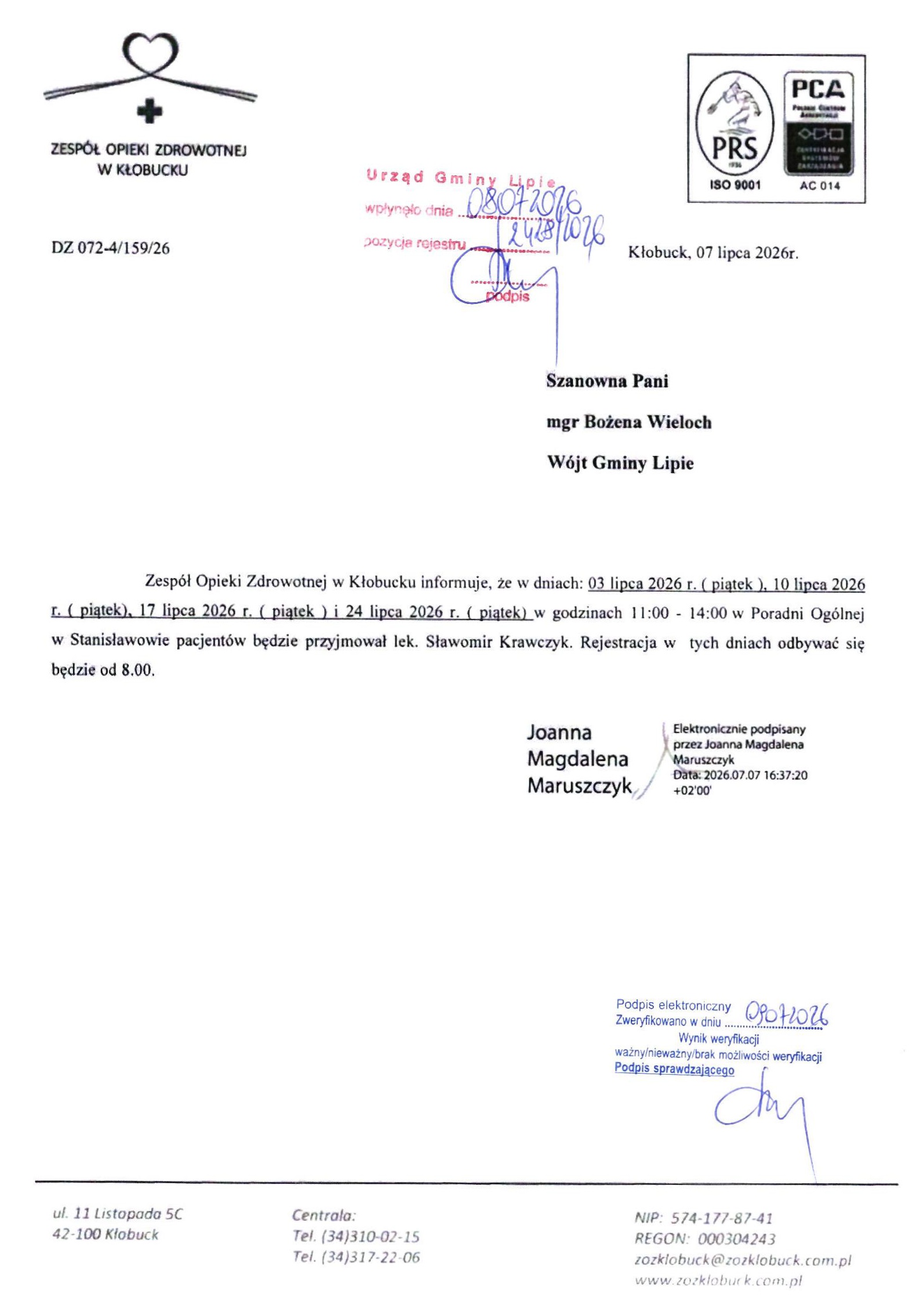 Informacja ZOZ w Kłobucku, dotycząca dyżurów lekarskich w Ośrodku Zdrowia w Stanisławowie w lipcu br.