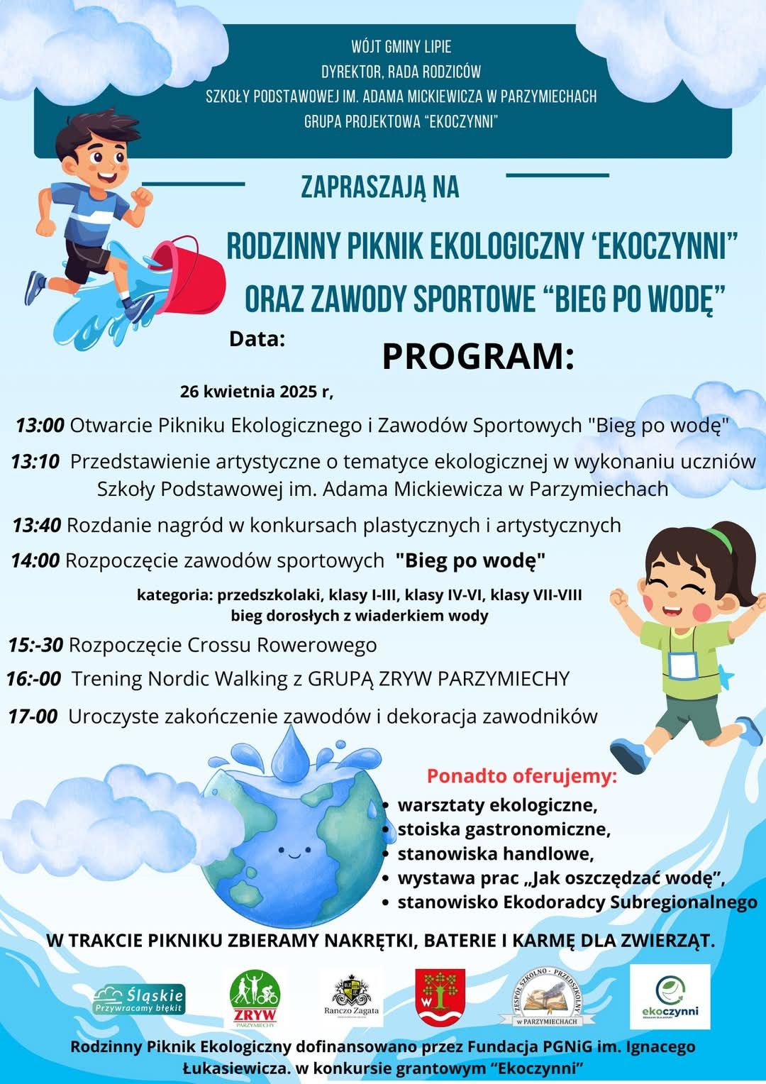 Plakat zapraszający na Rodzinny Piknik Ekologiczny Ekoczynni oraz zawody sportowe Bieg po wodę.
